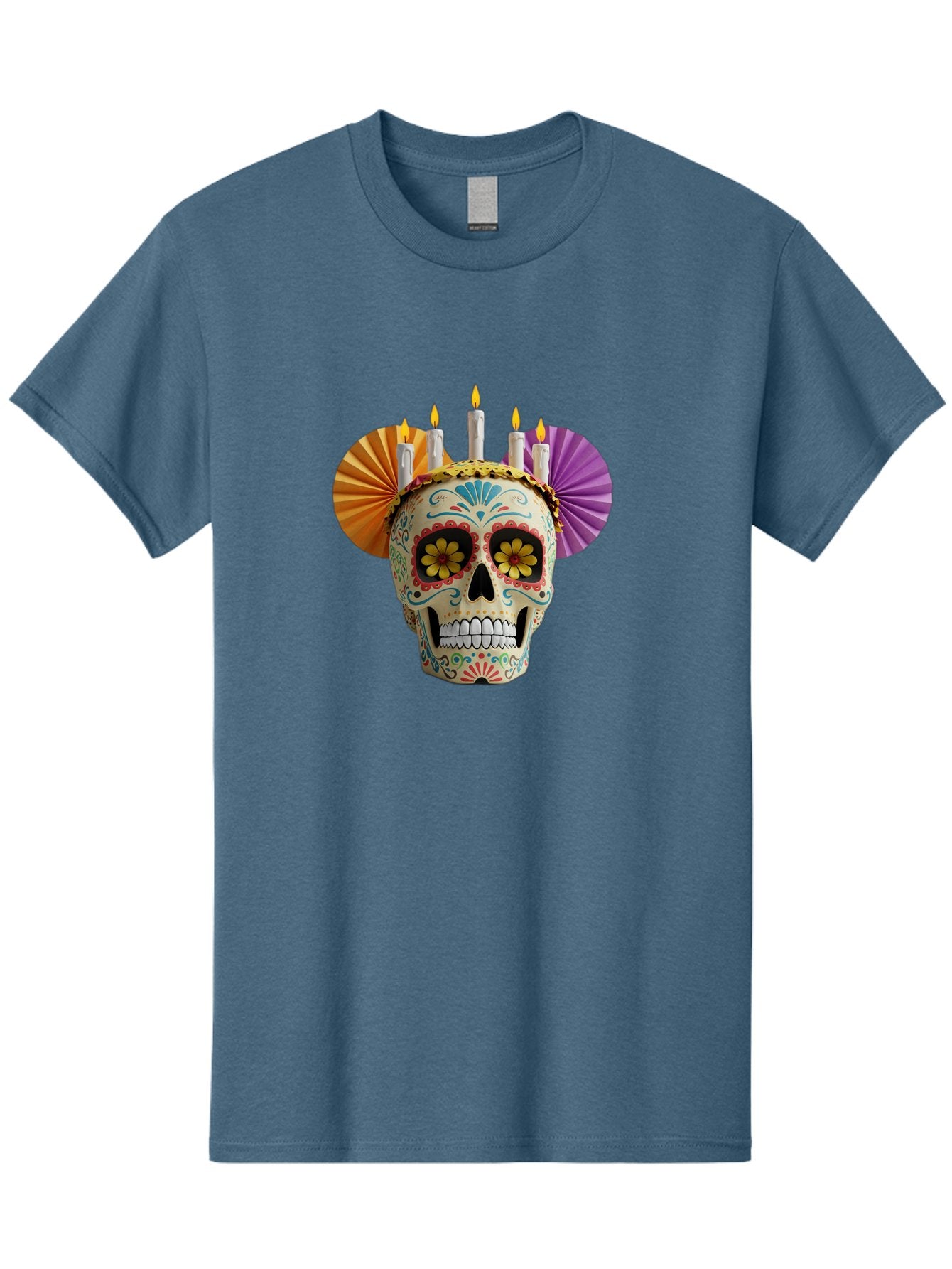 Sugar-Skull-11 Men'S Graphic Tee, 100% Cotton, Comfortable Casual Summer Wear, Machine Washable, Sugar Skull, Day Of The Dead, Vibrant Colors, Festive Decorations, Candles Lit, Flowers In Eyes, Traditional Mexican Art, Cultural Celebration, Bad760 3