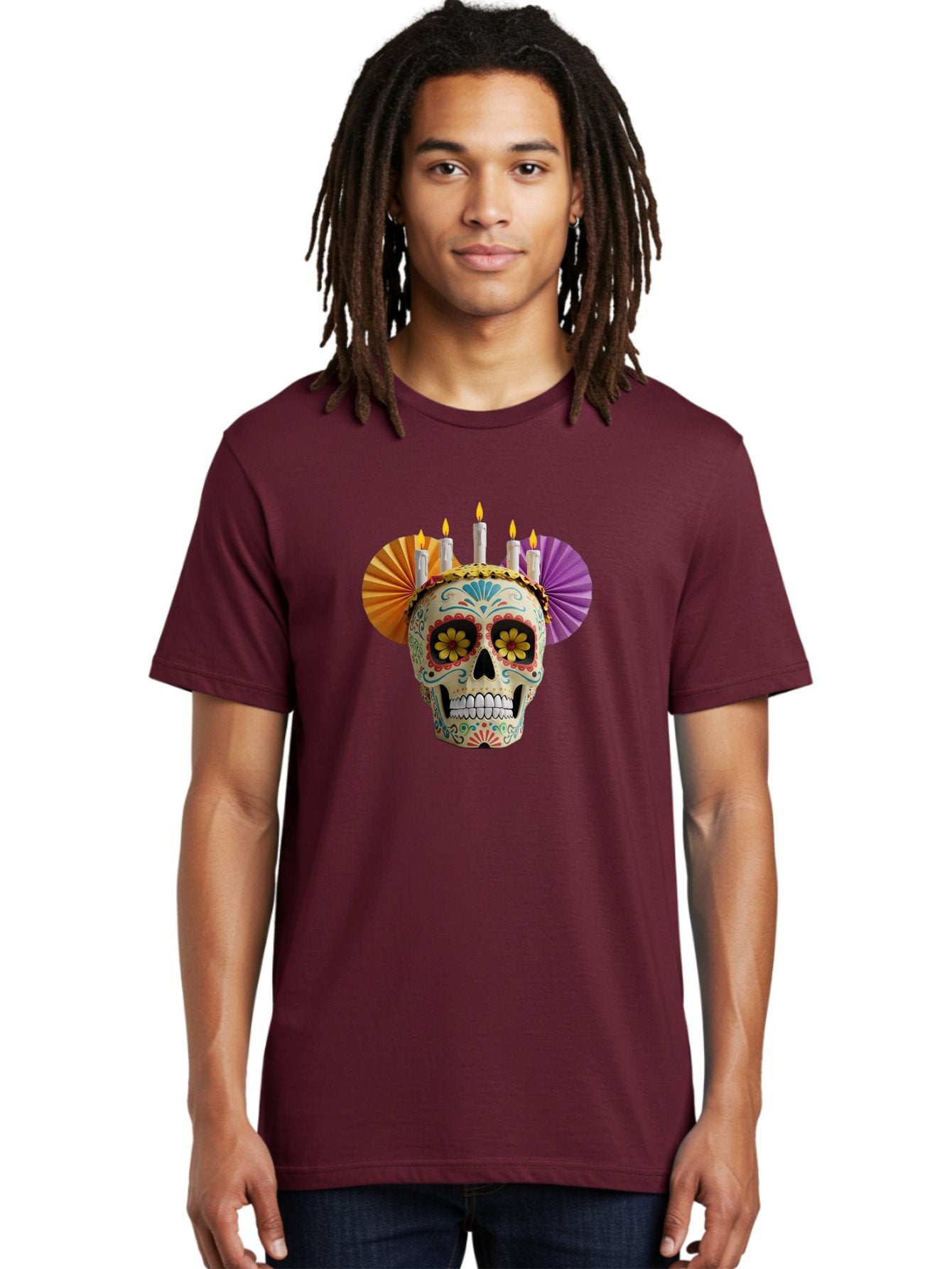 Sugar-Skull-11 Men'S Graphic Tee, 100% Cotton, Comfortable Casual Summer Wear, Machine Washable, Sugar Skull, Day Of The Dead, Vibrant Colors, Festive Decorations, Candles Lit, Flowers In Eyes, Traditional Mexican Art, Cultural Celebration, Bad760 18