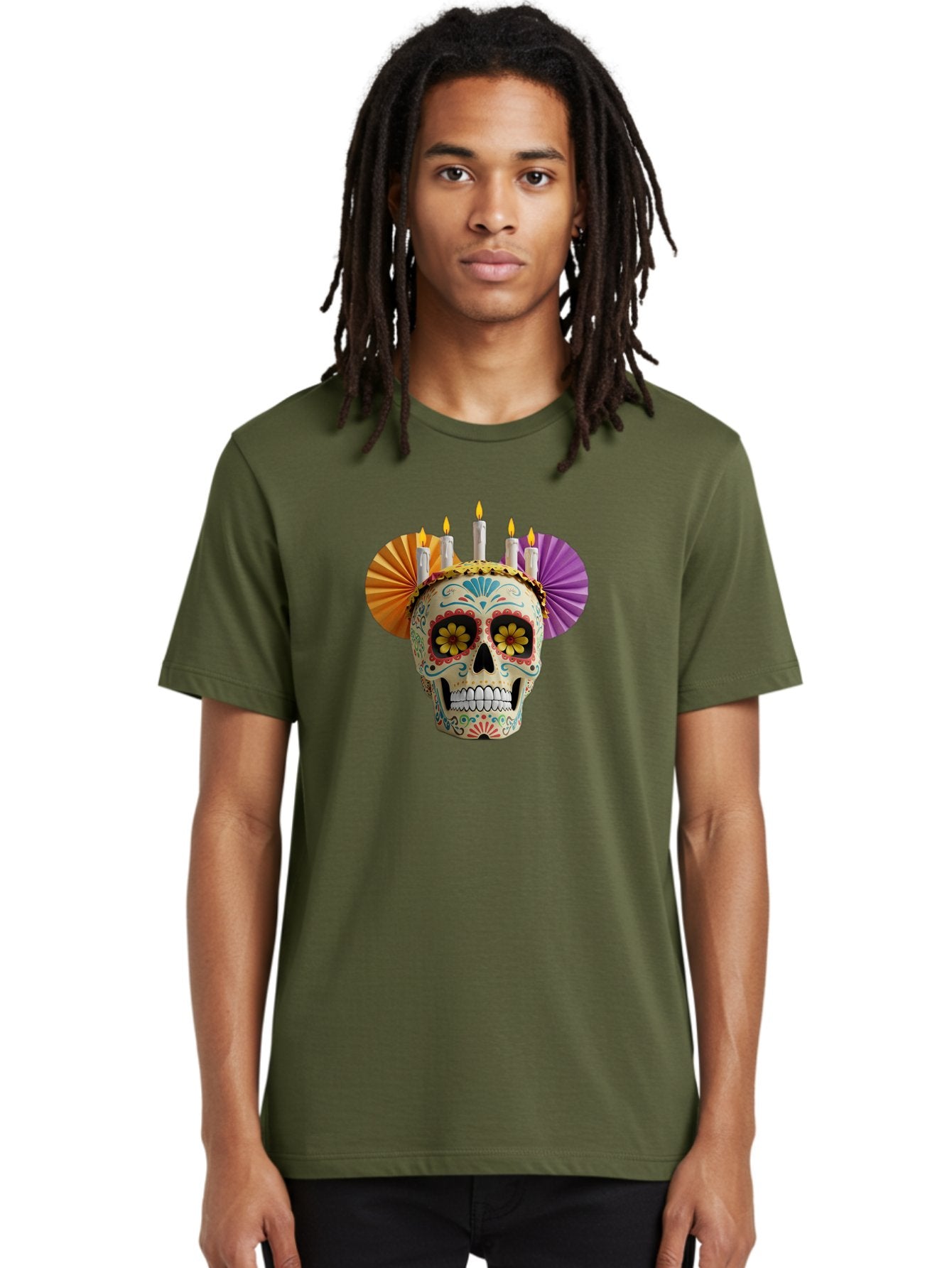 Sugar-Skull-11 Men'S Graphic Tee, 100% Cotton, Comfortable Casual Summer Wear, Machine Washable, Sugar Skull, Day Of The Dead, Vibrant Colors, Festive Decorations, Candles Lit, Flowers In Eyes, Traditional Mexican Art, Cultural Celebration, Bad760 30