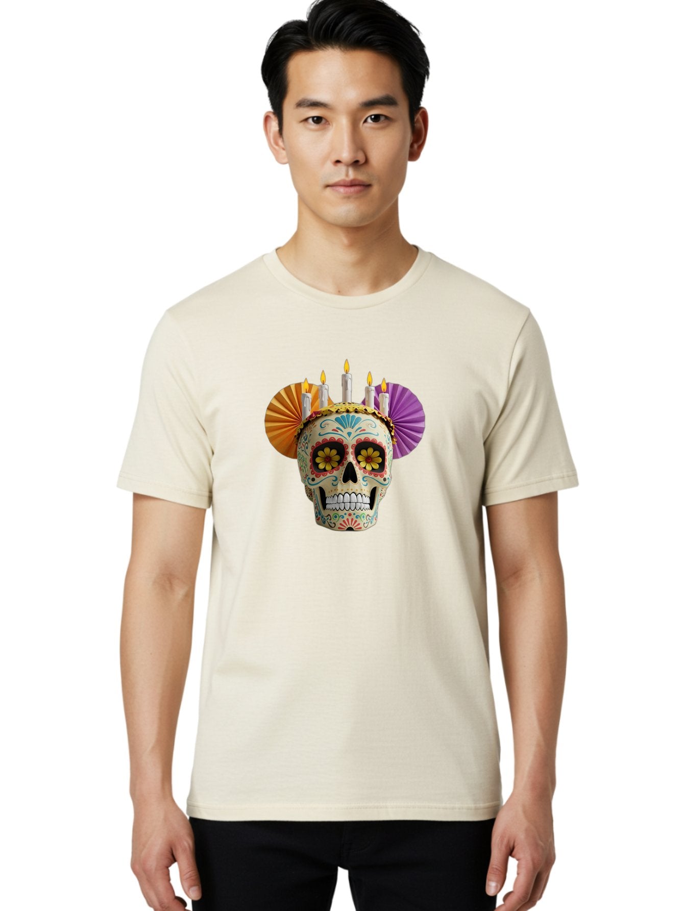Sugar-Skull-11 Men'S Graphic Tee, 100% Cotton, Comfortable Casual Summer Wear, Machine Washable, Sugar Skull, Day Of The Dead, Vibrant Colors, Festive Decorations, Candles Lit, Flowers In Eyes, Traditional Mexican Art, Cultural Celebration, Bad760 24