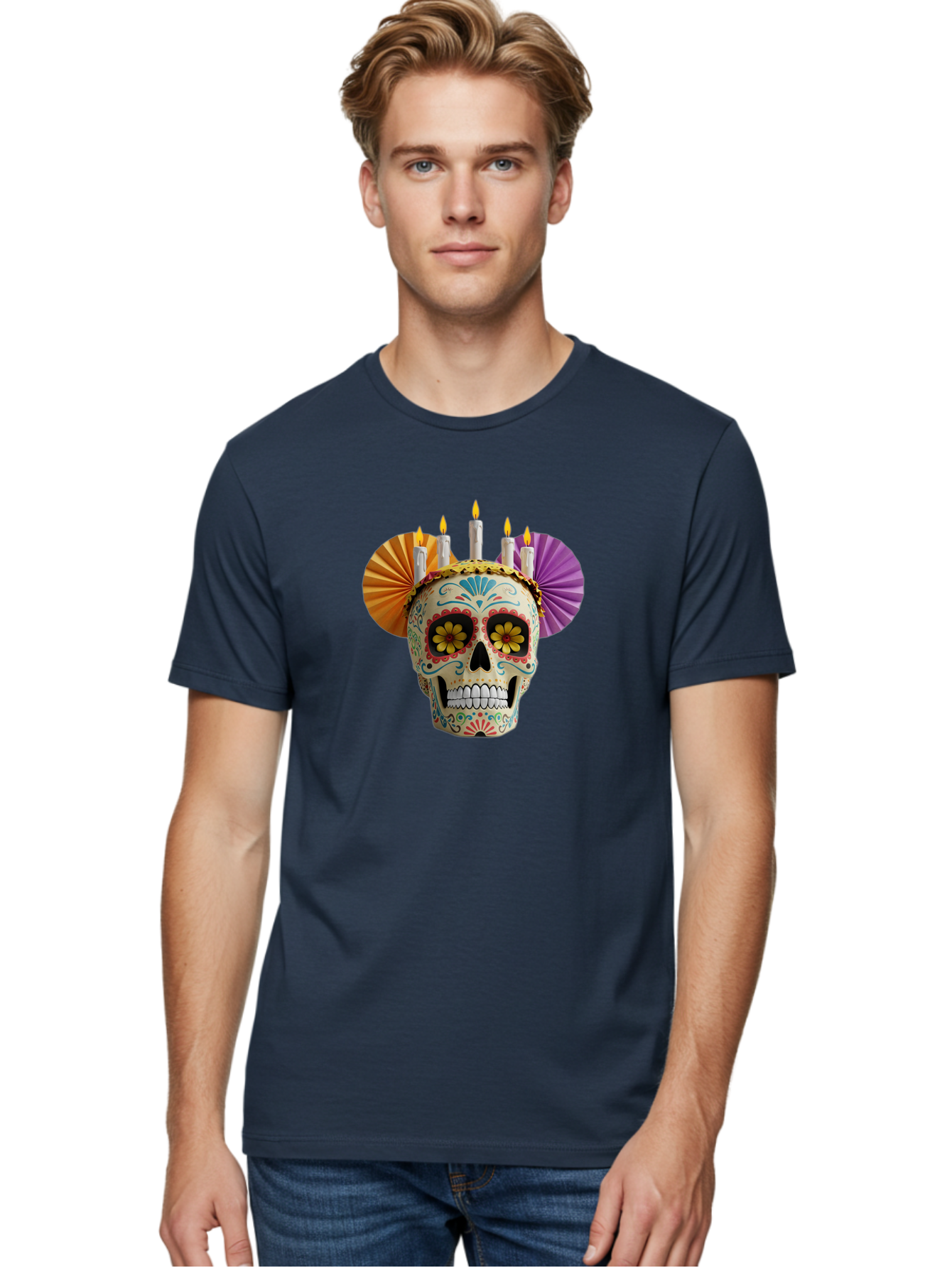 Sugar-Skull-11 Men'S Graphic Tee, 100% Cotton, Comfortable Casual Summer Wear, Machine Washable, Sugar Skull, Day Of The Dead, Vibrant Colors, Festive Decorations, Candles Lit, Flowers In Eyes, Traditional Mexican Art, Cultural Celebration, Bad760 19
