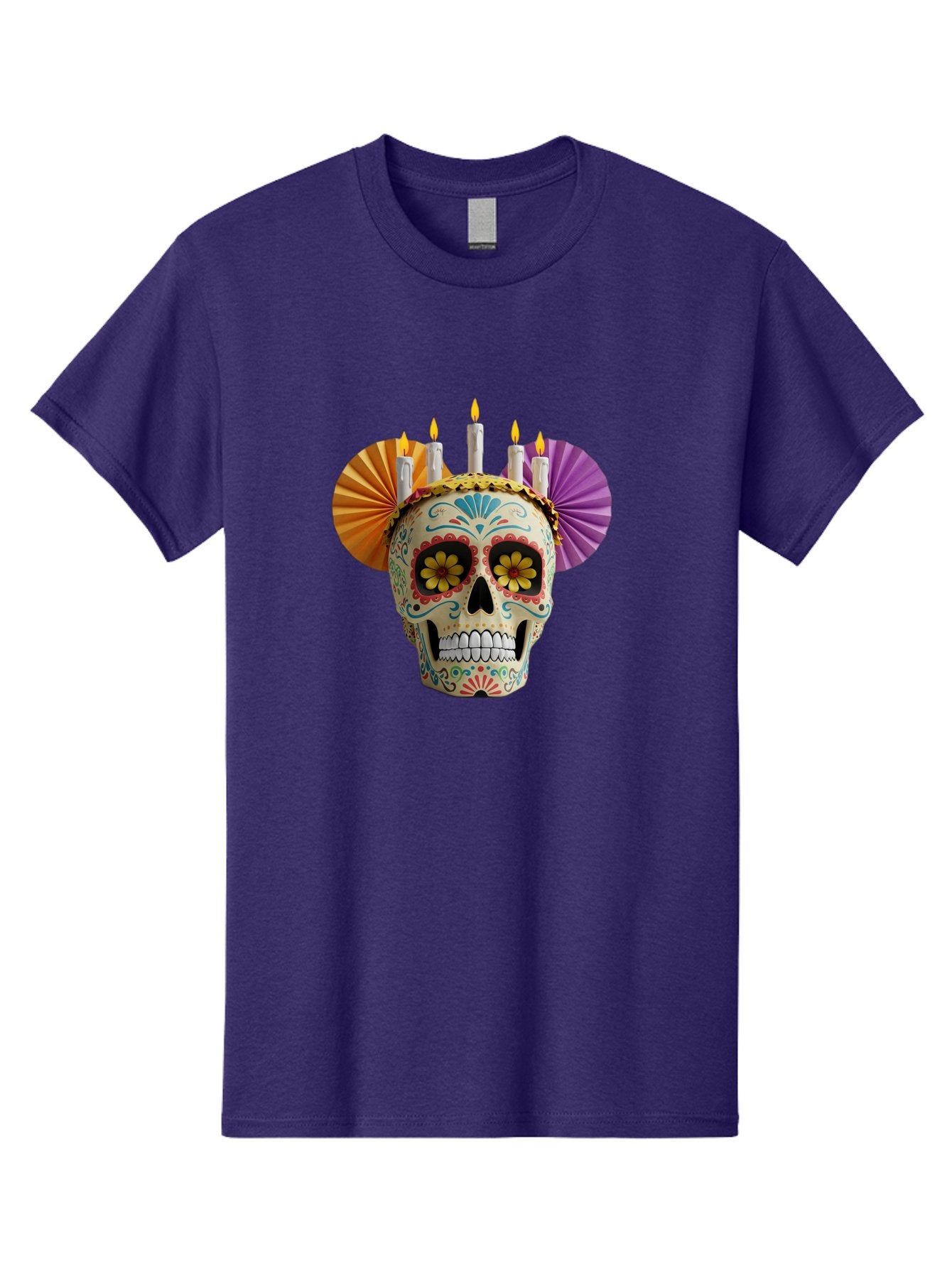 Sugar-Skull-11 Men'S Graphic Tee, 100% Cotton, Comfortable Casual Summer Wear, Machine Washable, Sugar Skull, Day Of The Dead, Vibrant Colors, Festive Decorations, Candles Lit, Flowers In Eyes, Traditional Mexican Art, Cultural Celebration, Bad760