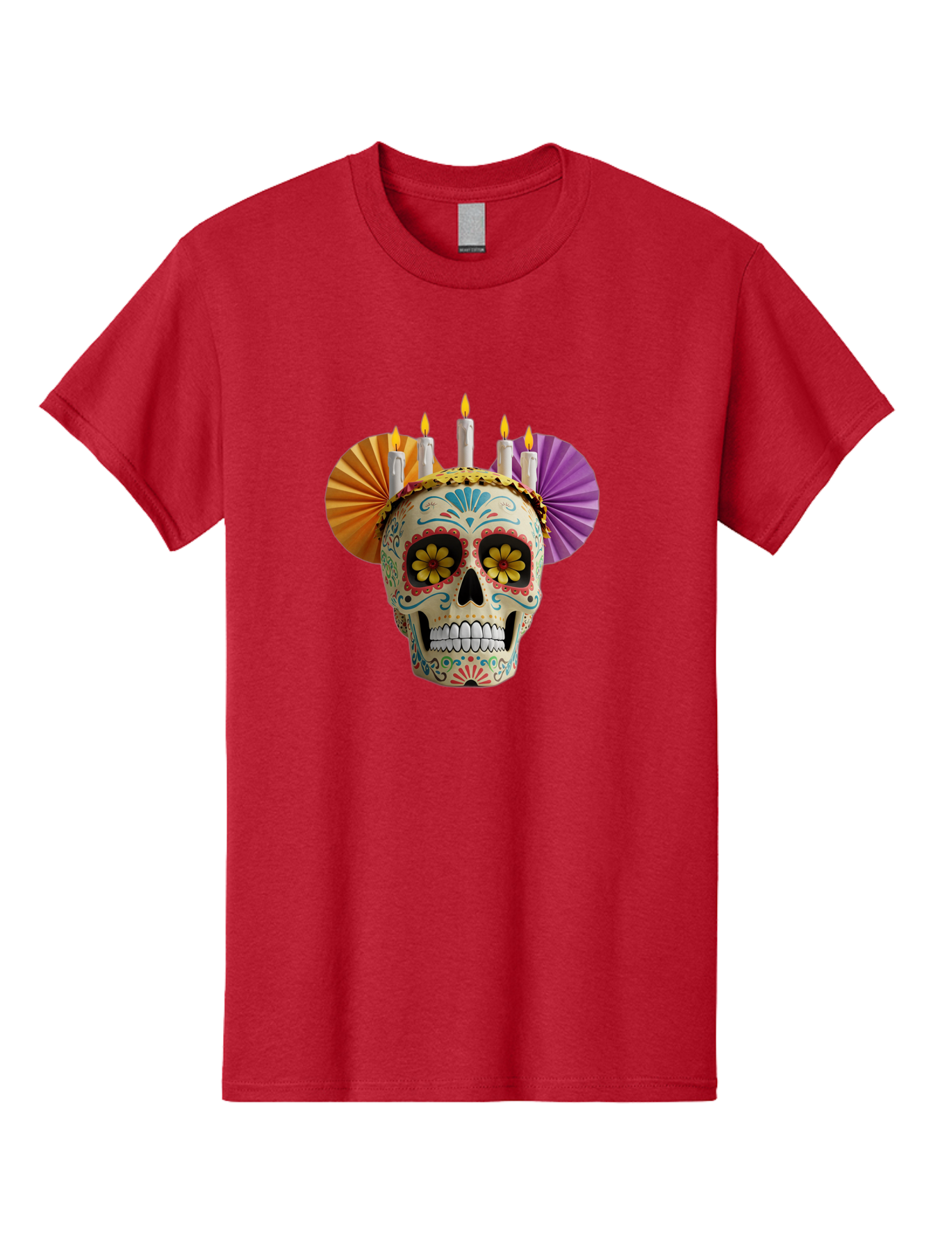 Sugar-Skull-11 Men'S Graphic Tee, 100% Cotton, Comfortable Casual Summer Wear, Machine Washable, Sugar Skull, Day Of The Dead, Vibrant Colors, Festive Decorations, Candles Lit, Flowers In Eyes, Traditional Mexican Art, Cultural Celebration, Bad760 3