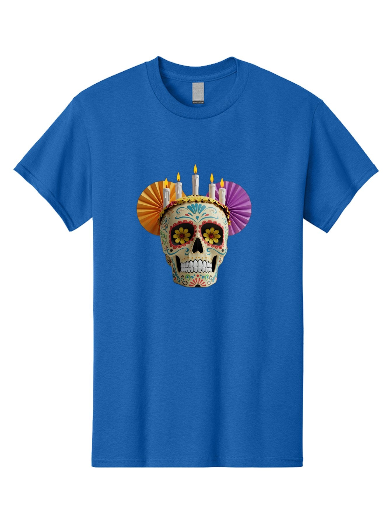 Sugar-Skull-11 Men'S Graphic Tee, 100% Cotton, Comfortable Casual Summer Wear, Machine Washable, Sugar Skull, Day Of The Dead, Vibrant Colors, Festive Decorations, Candles Lit, Flowers In Eyes, Traditional Mexican Art, Cultural Celebration, Bad760