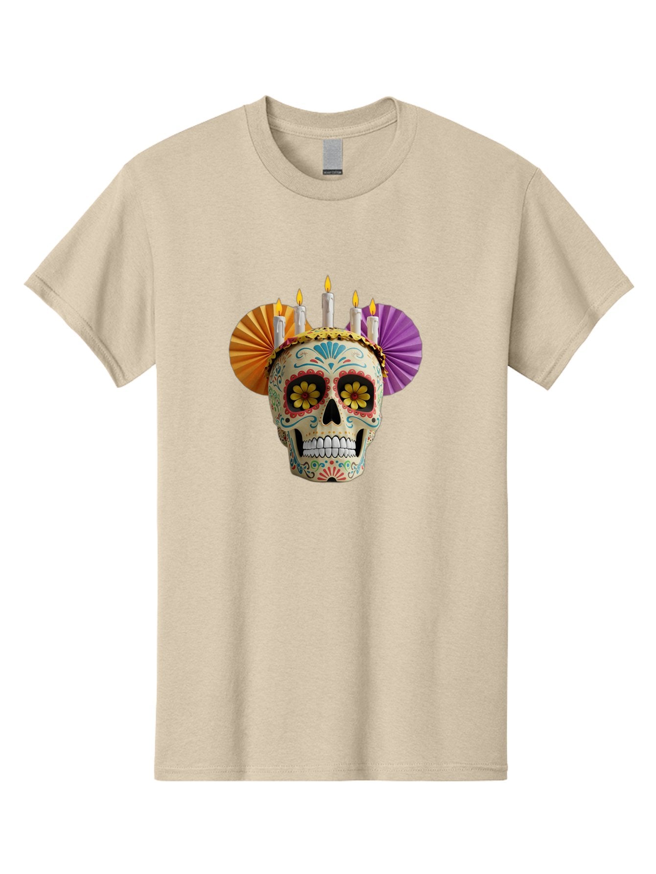 Sugar-Skull-11 Men'S Graphic Tee, 100% Cotton, Comfortable Casual Summer Wear, Machine Washable, Sugar Skull, Day Of The Dead, Vibrant Colors, Festive Decorations, Candles Lit, Flowers In Eyes, Traditional Mexican Art, Cultural Celebration, Bad760 7