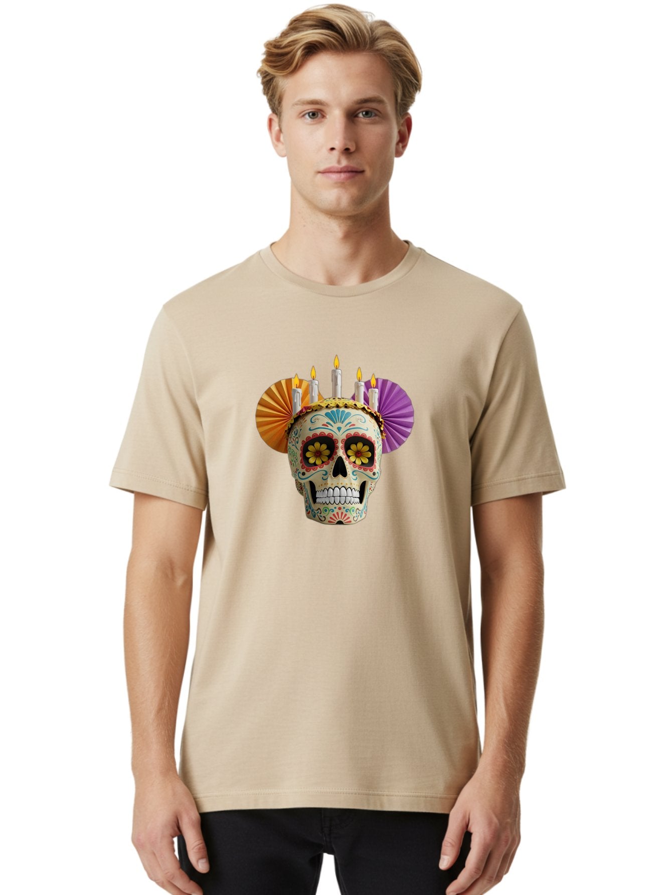 Sugar-Skull-11 Men'S Graphic Tee, 100% Cotton, Comfortable Casual Summer Wear, Machine Washable, Sugar Skull, Day Of The Dead, Vibrant Colors, Festive Decorations, Candles Lit, Flowers In Eyes, Traditional Mexican Art, Cultural Celebration, Bad760 16