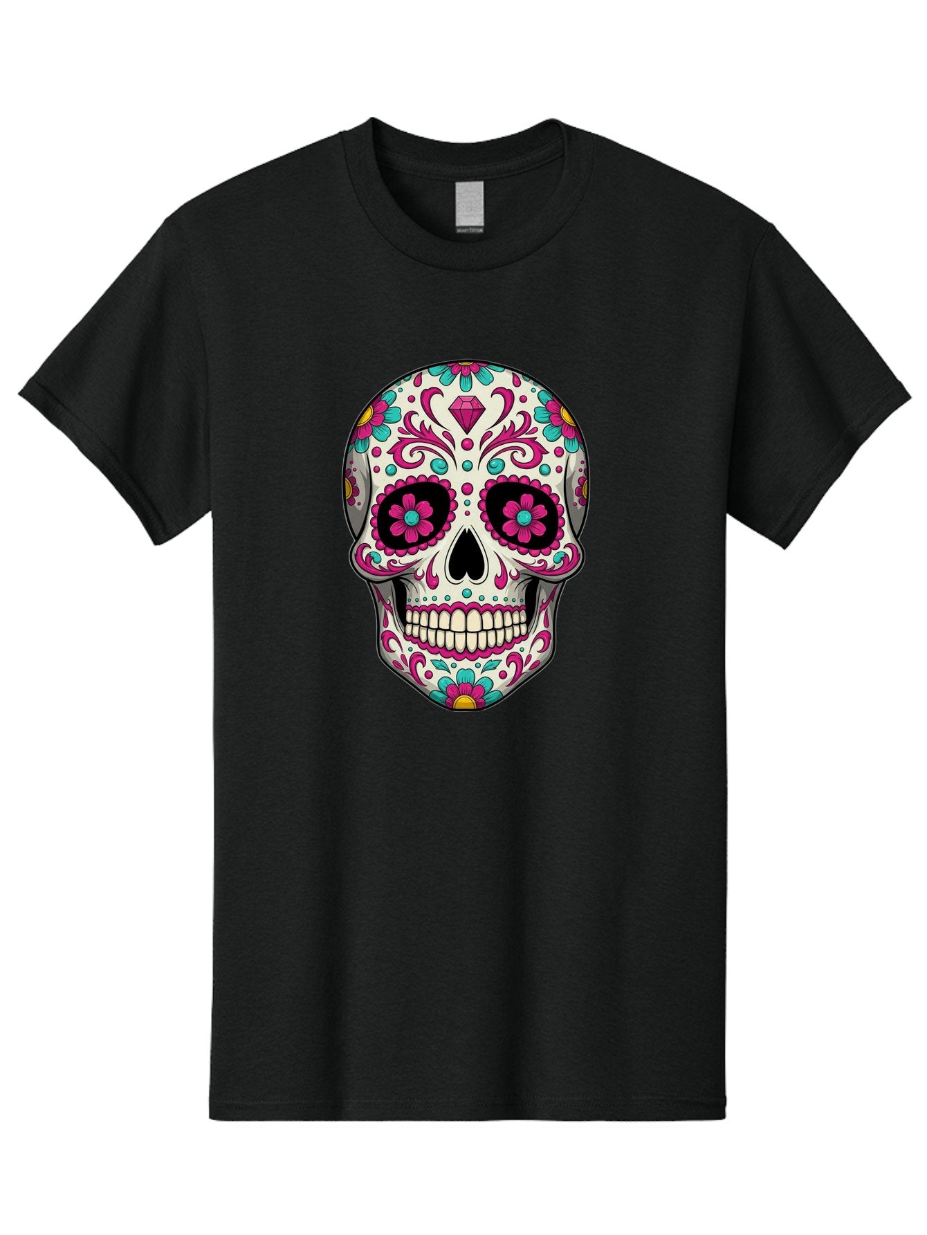 Sugar-Skull-13 Men'S Graphic Tee, 100% Cotton, Comfortable Casual Summer Wear, Machine Washable, Sugar Skull, Day Of The Dead, Colorful Skull, Floral Patterns, Vibrant Designs, Pink And Blue Flowers, Decorative Skull, Mexican Culture, Bad762 4