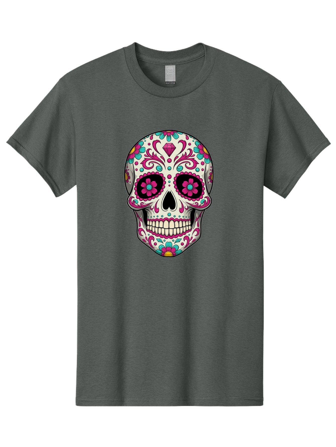 Sugar-Skull-13 Men'S Graphic Tee, 100% Cotton, Comfortable Casual Summer Wear, Machine Washable, Sugar Skull, Day Of The Dead, Colorful Skull, Floral Patterns, Vibrant Designs, Pink And Blue Flowers, Decorative Skull, Mexican Culture, Bad762 9