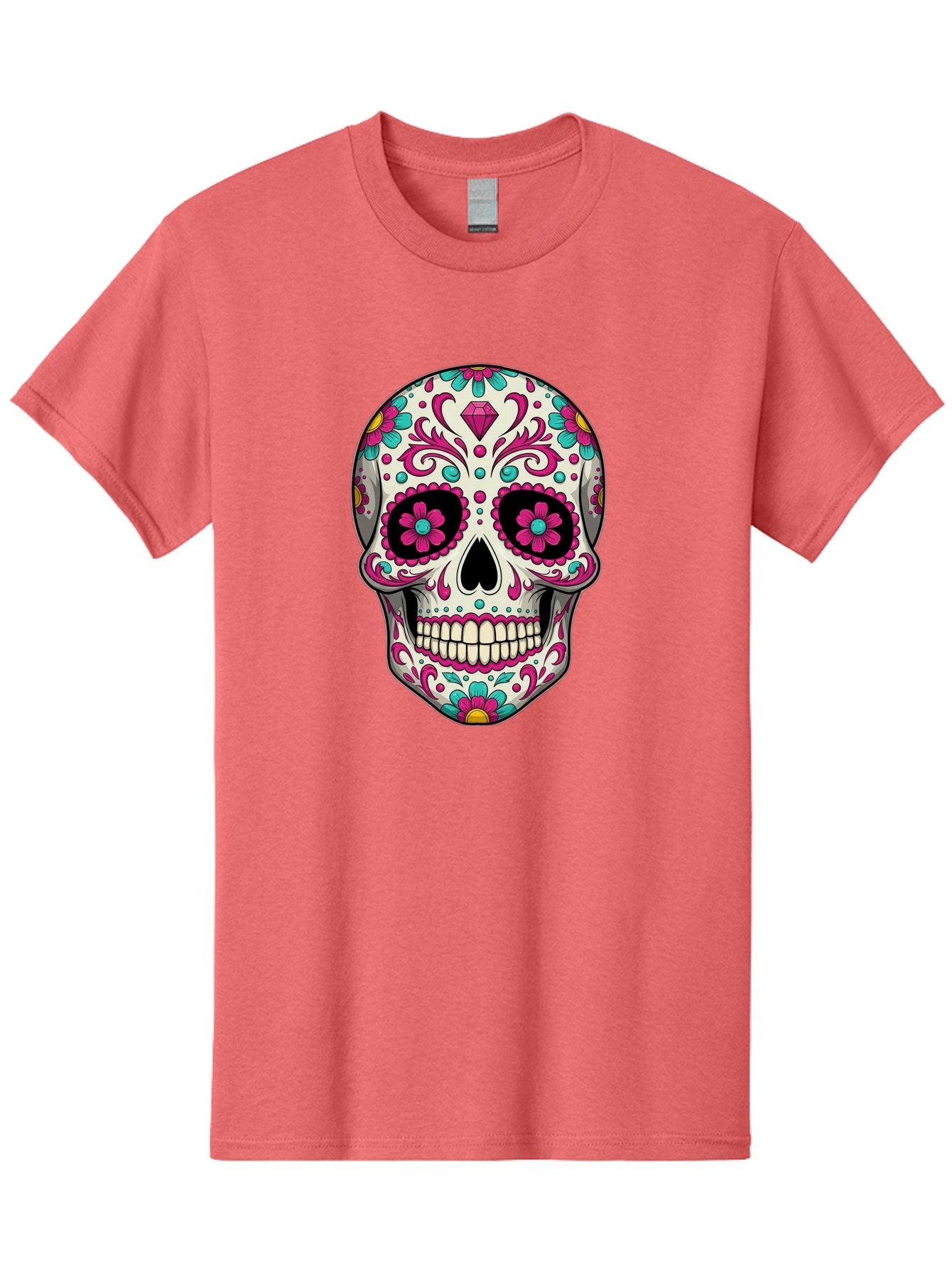 Sugar-Skull-13 Men'S Graphic Tee, 100% Cotton, Comfortable Casual Summer Wear, Machine Washable, Sugar Skull, Day Of The Dead, Colorful Skull, Floral Patterns, Vibrant Designs, Pink And Blue Flowers, Decorative Skull, Mexican Culture, Bad762 6