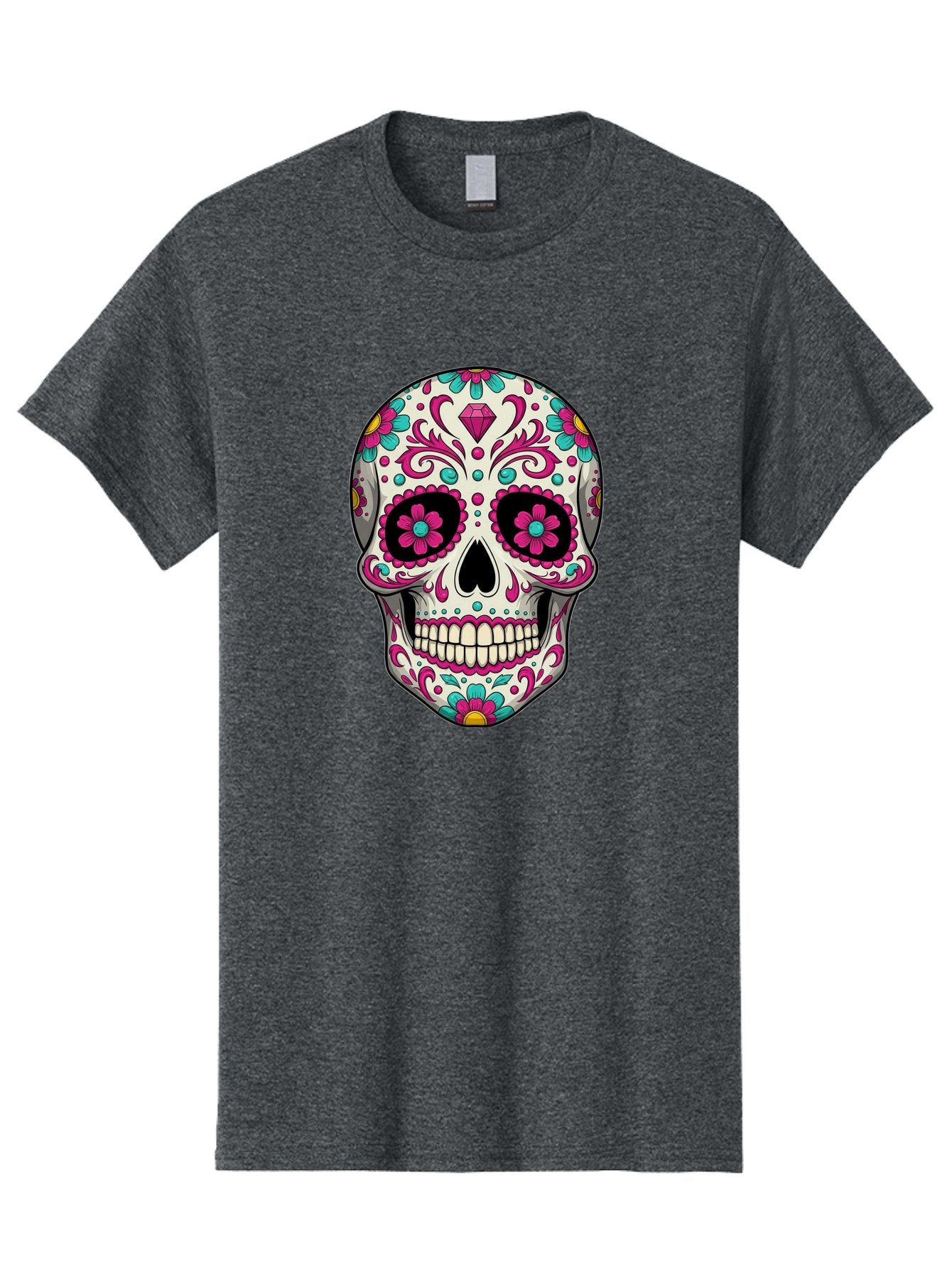 Sugar-Skull-13 Men'S Graphic Tee, 100% Cotton, Comfortable Casual Summer Wear, Machine Washable, Sugar Skull, Day Of The Dead, Colorful Skull, Floral Patterns, Vibrant Designs, Pink And Blue Flowers, Decorative Skull, Mexican Culture, Bad762 3