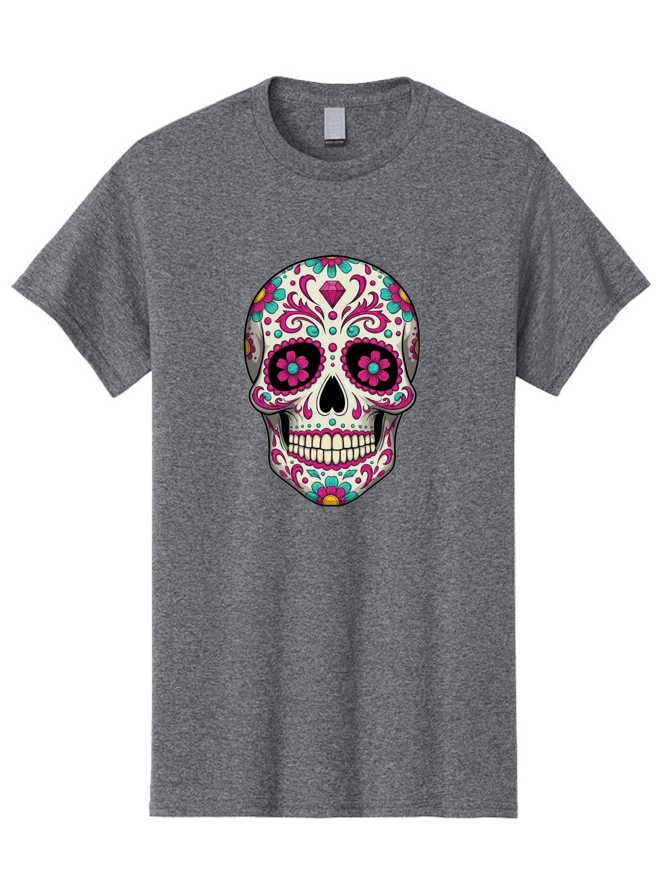 Sugar-Skull-13 Men'S Graphic Tee, 100% Cotton, Comfortable Casual Summer Wear, Machine Washable, Sugar Skull, Day Of The Dead, Colorful Skull, Floral Patterns, Vibrant Designs, Pink And Blue Flowers, Decorative Skull, Mexican Culture, Bad762 13