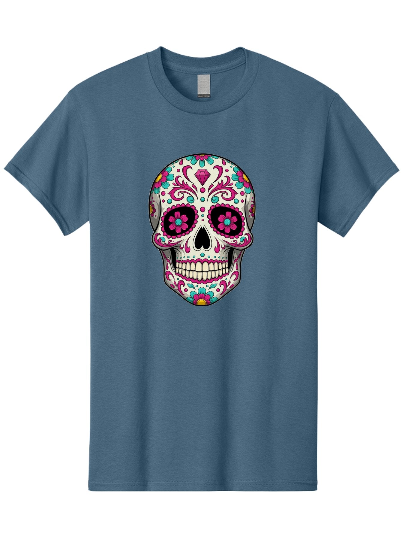 Sugar-Skull-13 Men'S Graphic Tee, 100% Cotton, Comfortable Casual Summer Wear, Machine Washable, Sugar Skull, Day Of The Dead, Colorful Skull, Floral Patterns, Vibrant Designs, Pink And Blue Flowers, Decorative Skull, Mexican Culture, Bad762 7