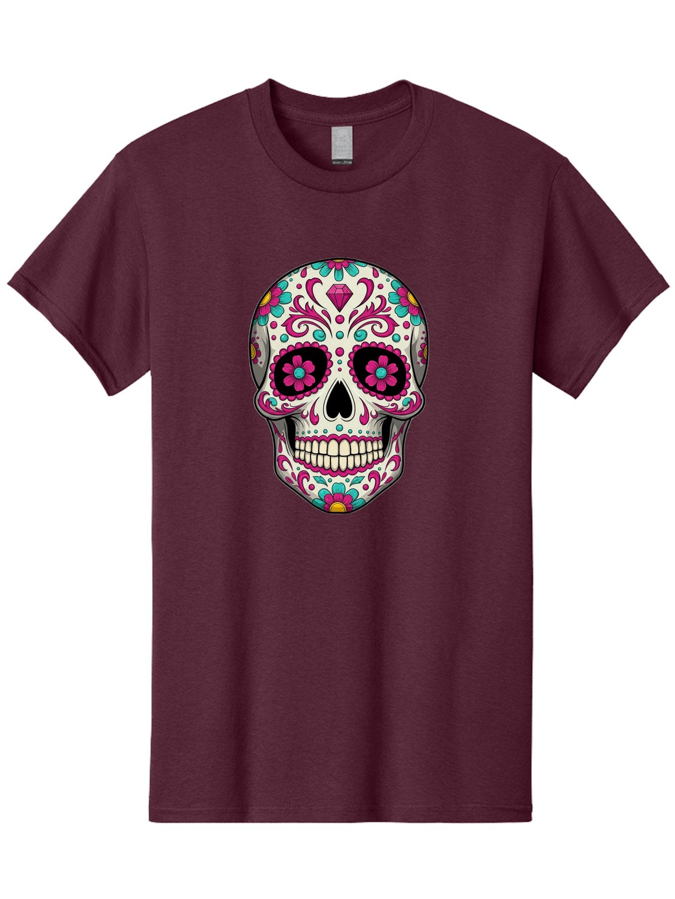 Sugar-Skull-13 Men'S Graphic Tee, 100% Cotton, Comfortable Casual Summer Wear, Machine Washable, Sugar Skull, Day Of The Dead, Colorful Skull, Floral Patterns, Vibrant Designs, Pink And Blue Flowers, Decorative Skull, Mexican Culture, Bad762 14