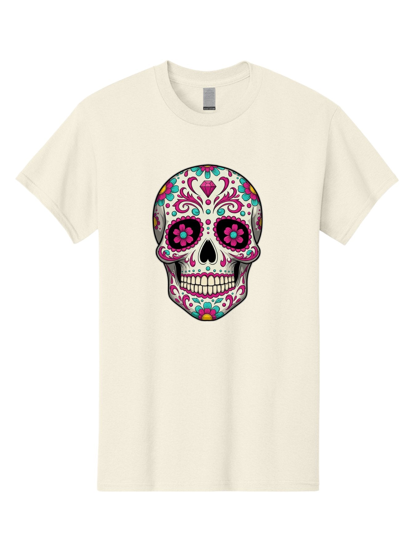 Sugar-Skull-13 Men'S Graphic Tee, 100% Cotton, Comfortable Casual Summer Wear, Machine Washable, Sugar Skull, Day Of The Dead, Colorful Skull, Floral Patterns, Vibrant Designs, Pink And Blue Flowers, Decorative Skull, Mexican Culture, Bad762 11