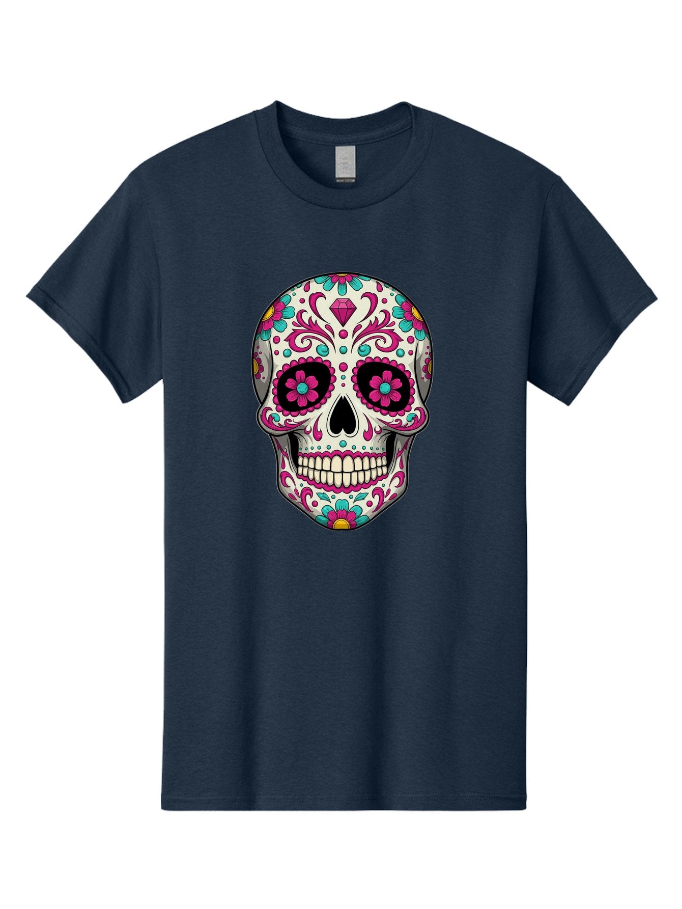 Sugar-Skull-13 Men'S Graphic Tee, 100% Cotton, Comfortable Casual Summer Wear, Machine Washable, Sugar Skull, Day Of The Dead, Colorful Skull, Floral Patterns, Vibrant Designs, Pink And Blue Flowers, Decorative Skull, Mexican Culture, Bad762 15