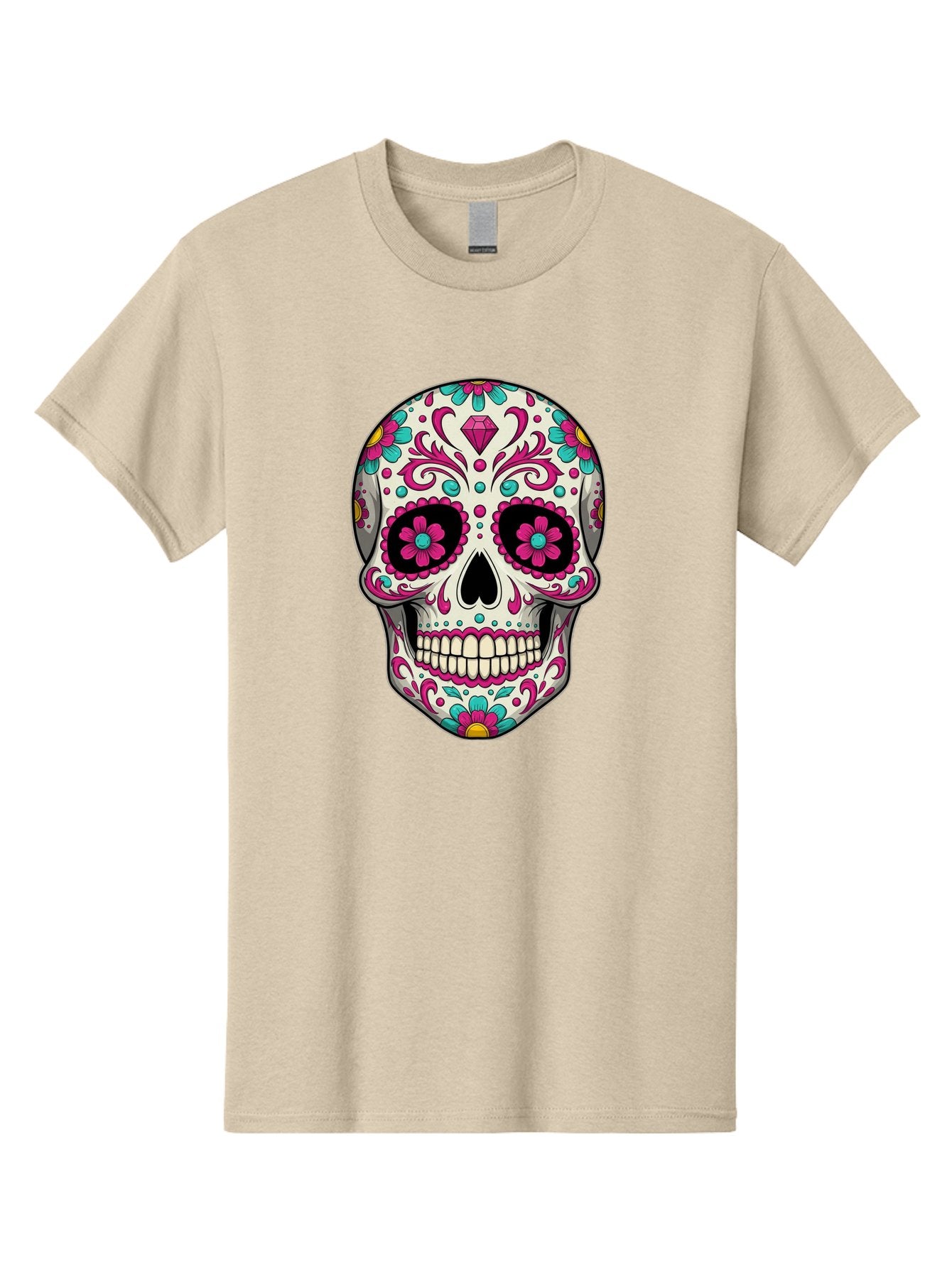 Sugar-Skull-13 Men'S Graphic Tee, 100% Cotton, Comfortable Casual Summer Wear, Machine Washable, Sugar Skull, Day Of The Dead, Colorful Skull, Floral Patterns, Vibrant Designs, Pink And Blue Flowers, Decorative Skull, Mexican Culture, Bad762