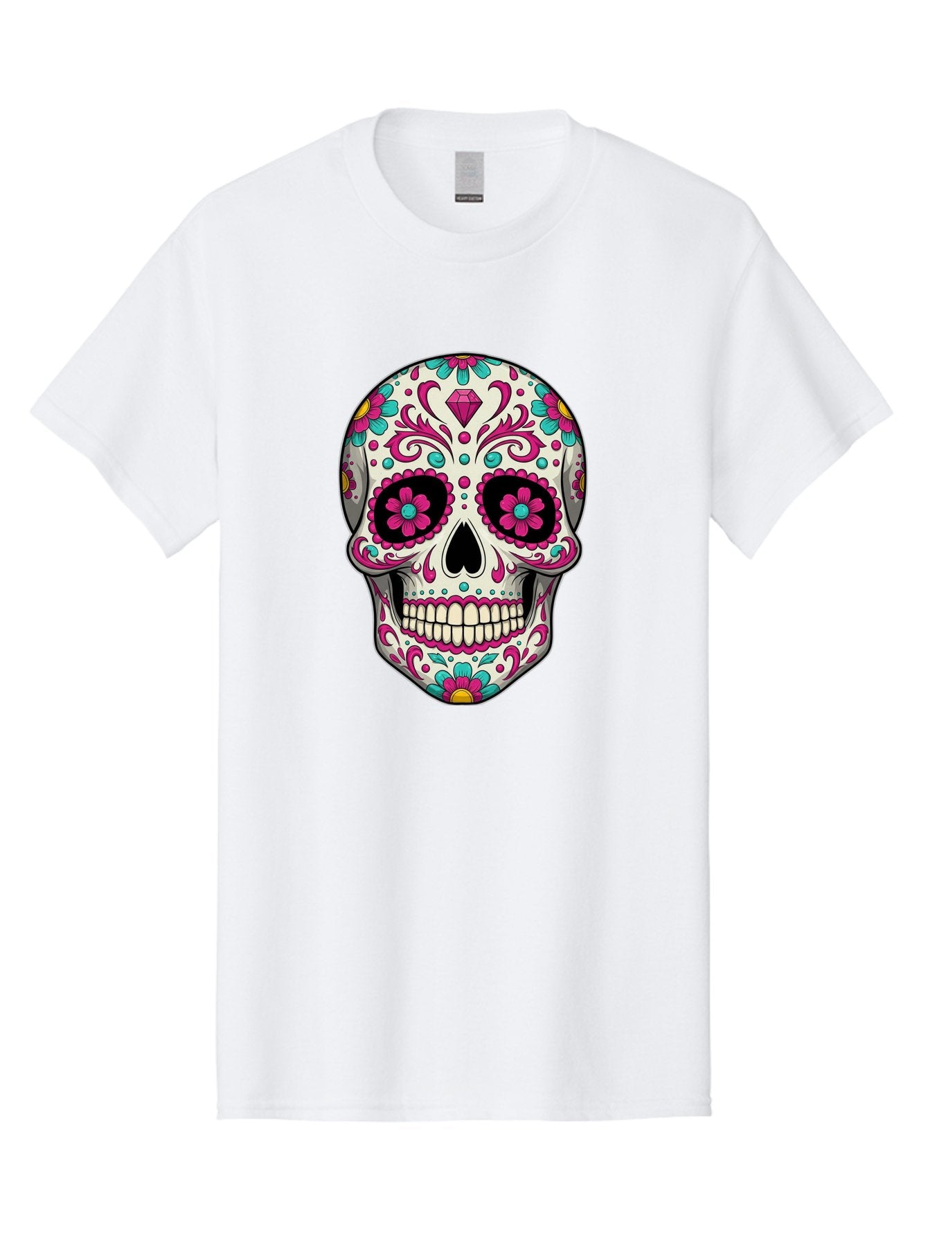 Sugar-Skull-13 Men'S Graphic Tee, 100% Cotton, Comfortable Casual Summer Wear, Machine Washable, Sugar Skull, Day Of The Dead, Colorful Skull, Floral Patterns, Vibrant Designs, Pink And Blue Flowers, Decorative Skull, Mexican Culture, Bad762
