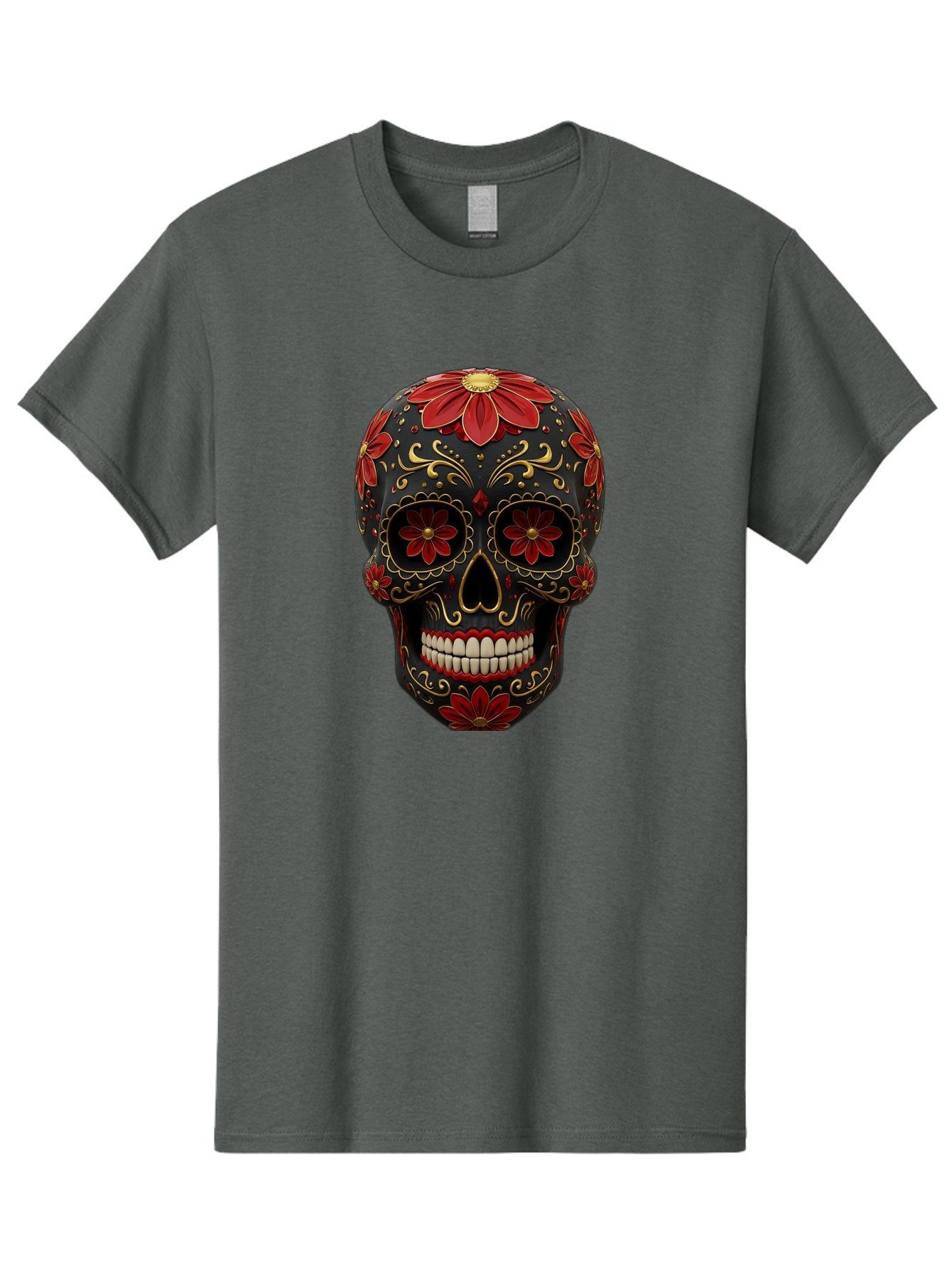 Sugar-Skull-14 Men'S Graphic Tee, 100% Cotton, Comfortable Casual Summer Wear, Machine Washable, Sugar Skull, Day Of The Dead, Floral Designs, Skull Art, Mexican Culture, Gold Filigree, Red Flowers, Black Skull, Decorative Skull, Bad763 7