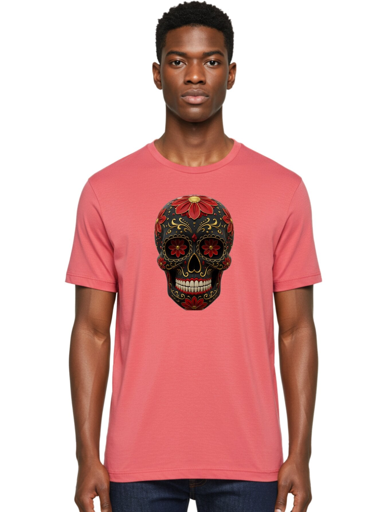 Sugar-Skull-14 Men'S Graphic Tee, 100% Cotton, Comfortable Casual Summer Wear, Machine Washable, Sugar Skull, Day Of The Dead, Floral Designs, Skull Art, Mexican Culture, Gold Filigree, Red Flowers, Black Skull, Decorative Skull, Bad763 29