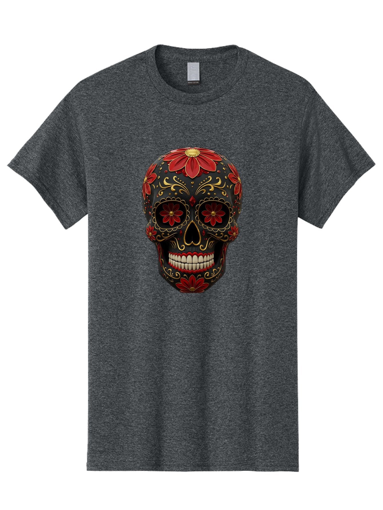 Sugar-Skull-14 Men'S Graphic Tee, 100% Cotton, Comfortable Casual Summer Wear, Machine Washable, Sugar Skull, Day Of The Dead, Floral Designs, Skull Art, Mexican Culture, Gold Filigree, Red Flowers, Black Skull, Decorative Skull, Bad763 9