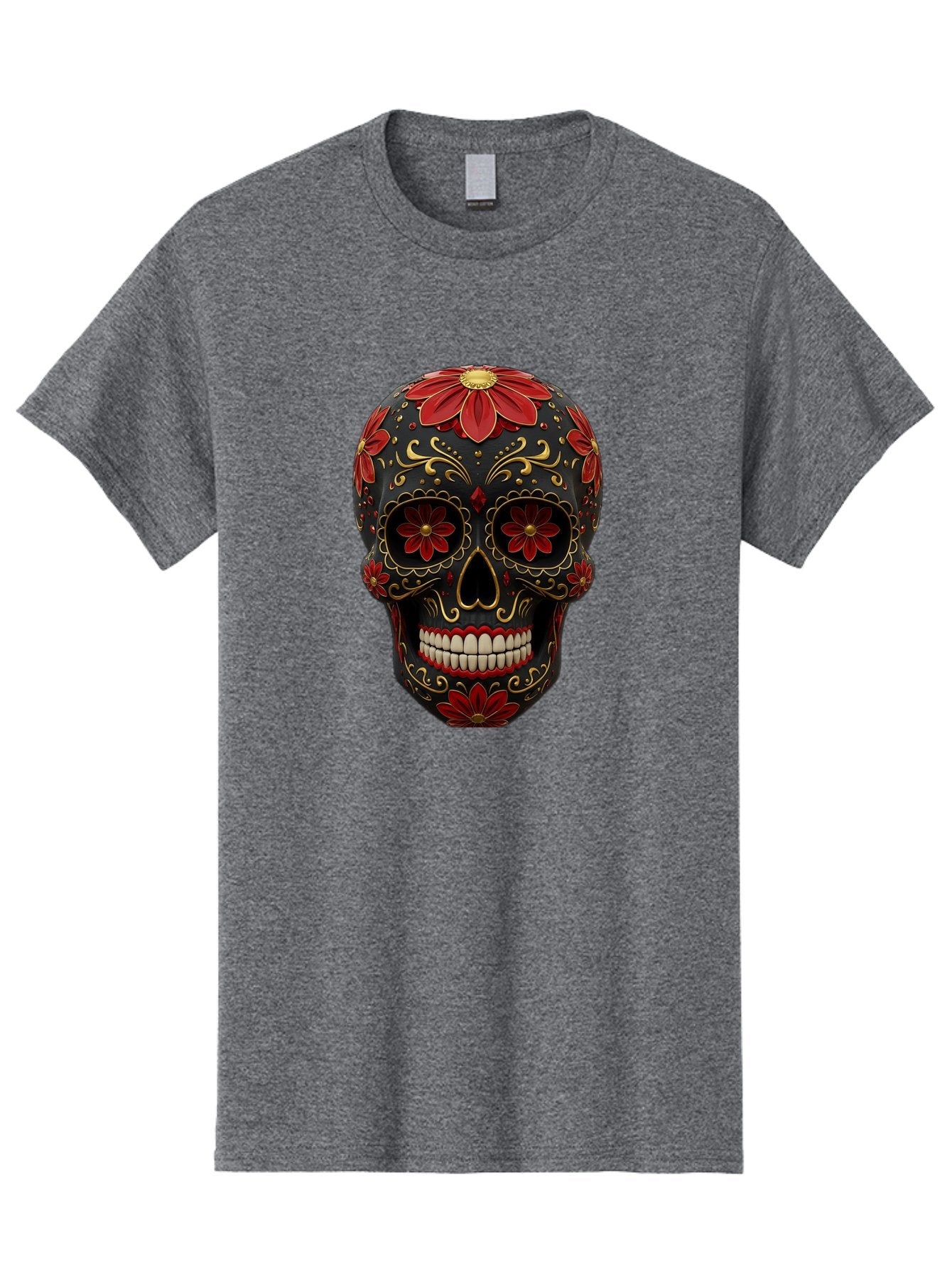 Sugar-Skull-14 Men'S Graphic Tee, 100% Cotton, Comfortable Casual Summer Wear, Machine Washable, Sugar Skull, Day Of The Dead, Floral Designs, Skull Art, Mexican Culture, Gold Filigree, Red Flowers, Black Skull, Decorative Skull, Bad763 6