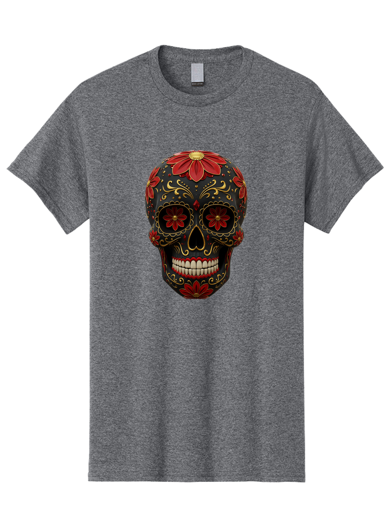 Sugar-Skull-14 Men'S Graphic Tee, 100% Cotton, Comfortable Casual Summer Wear, Machine Washable, Sugar Skull, Day Of The Dead, Floral Designs, Skull Art, Mexican Culture, Gold Filigree, Red Flowers, Black Skull, Decorative Skull, Bad763 7