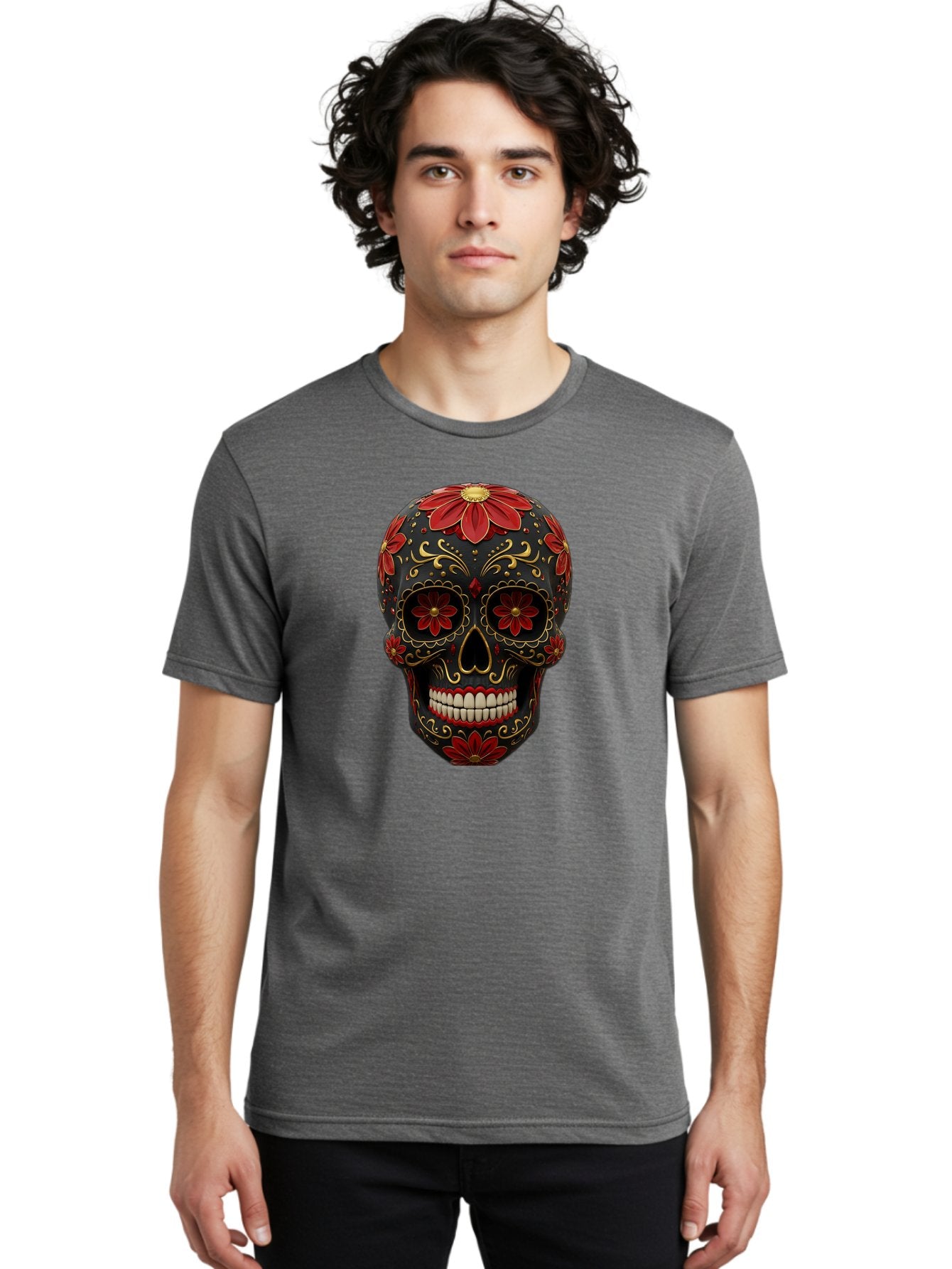 Sugar-Skull-14 Men'S Graphic Tee, 100% Cotton, Comfortable Casual Summer Wear, Machine Washable, Sugar Skull, Day Of The Dead, Floral Designs, Skull Art, Mexican Culture, Gold Filigree, Red Flowers, Black Skull, Decorative Skull, Bad763 24