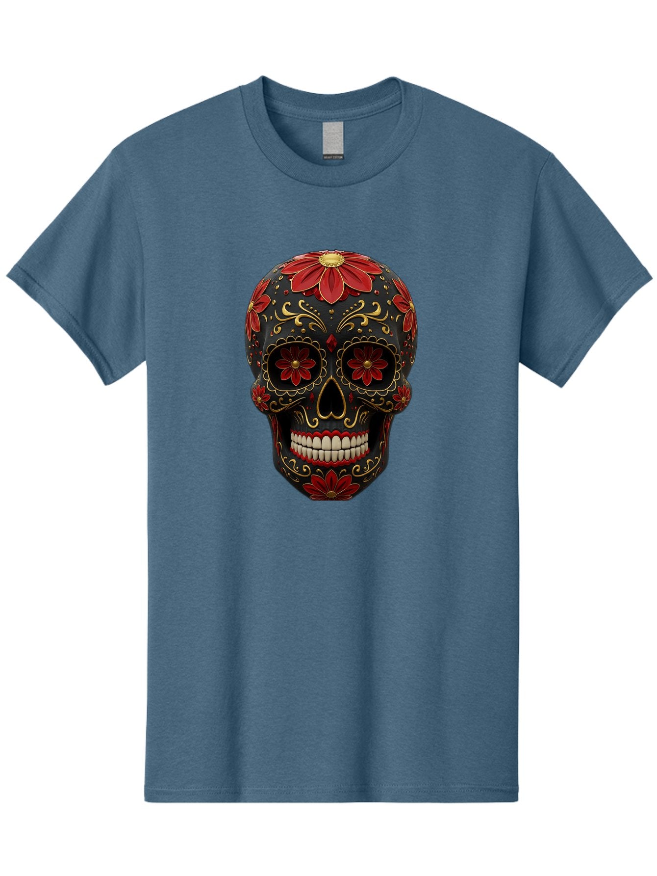 Sugar-Skull-14 Men'S Graphic Tee, 100% Cotton, Comfortable Casual Summer Wear, Machine Washable, Sugar Skull, Day Of The Dead, Floral Designs, Skull Art, Mexican Culture, Gold Filigree, Red Flowers, Black Skull, Decorative Skull, Bad763 11