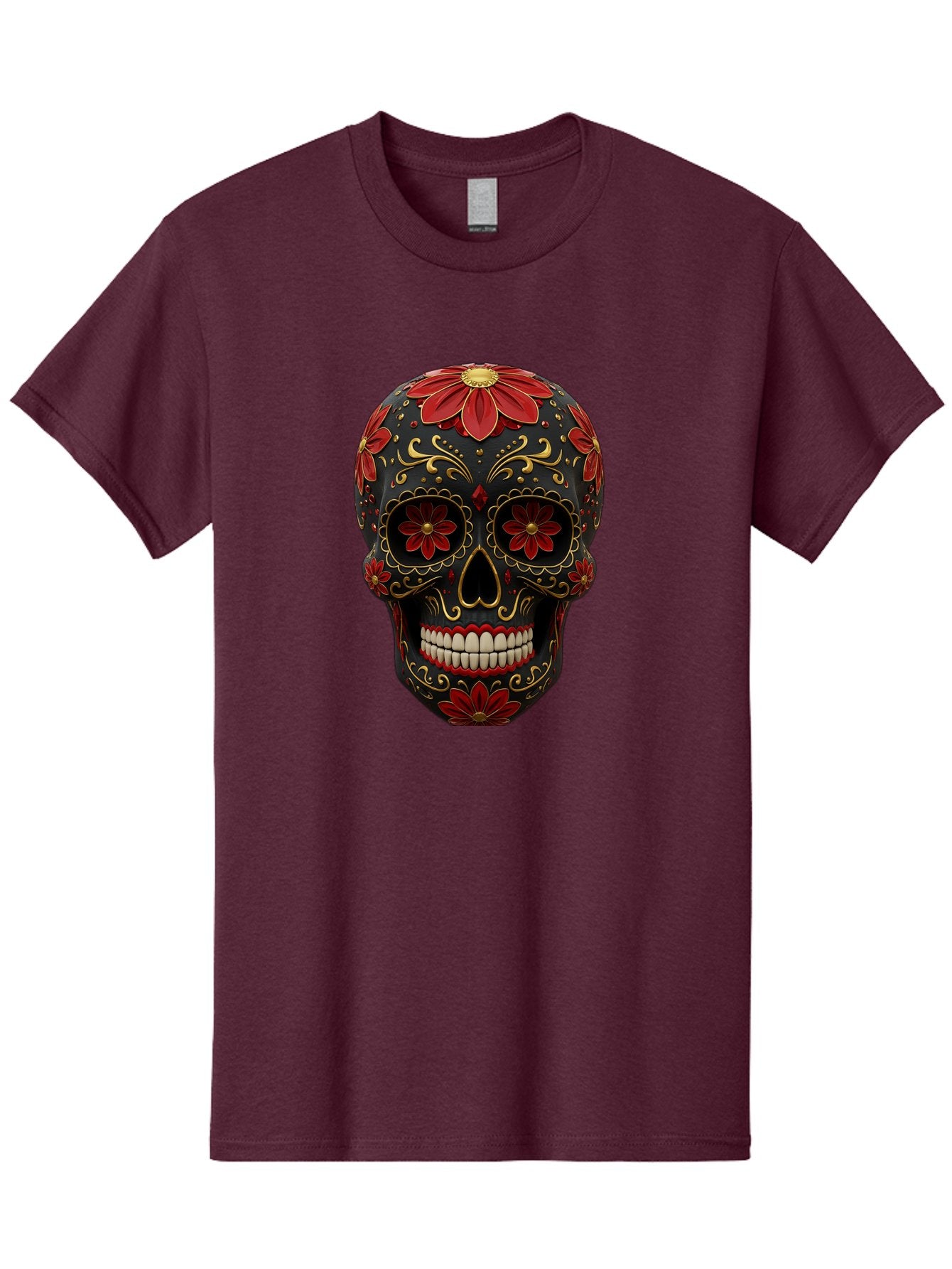Sugar-Skull-14 Men'S Graphic Tee, 100% Cotton, Comfortable Casual Summer Wear, Machine Washable, Sugar Skull, Day Of The Dead, Floral Designs, Skull Art, Mexican Culture, Gold Filigree, Red Flowers, Black Skull, Decorative Skull, Bad763 12