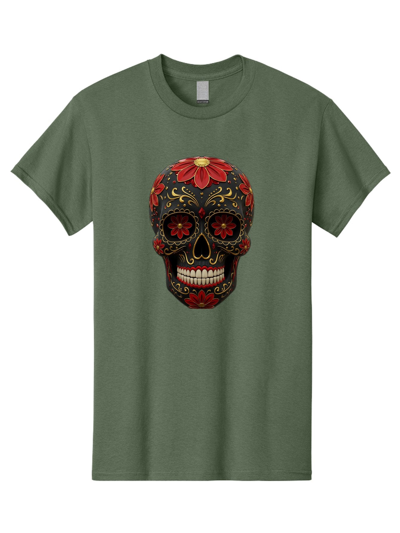 Sugar-Skull-14 Men'S Graphic Tee, 100% Cotton, Comfortable Casual Summer Wear, Machine Washable, Sugar Skull, Day Of The Dead, Floral Designs, Skull Art, Mexican Culture, Gold Filigree, Red Flowers, Black Skull, Decorative Skull, Bad763 3