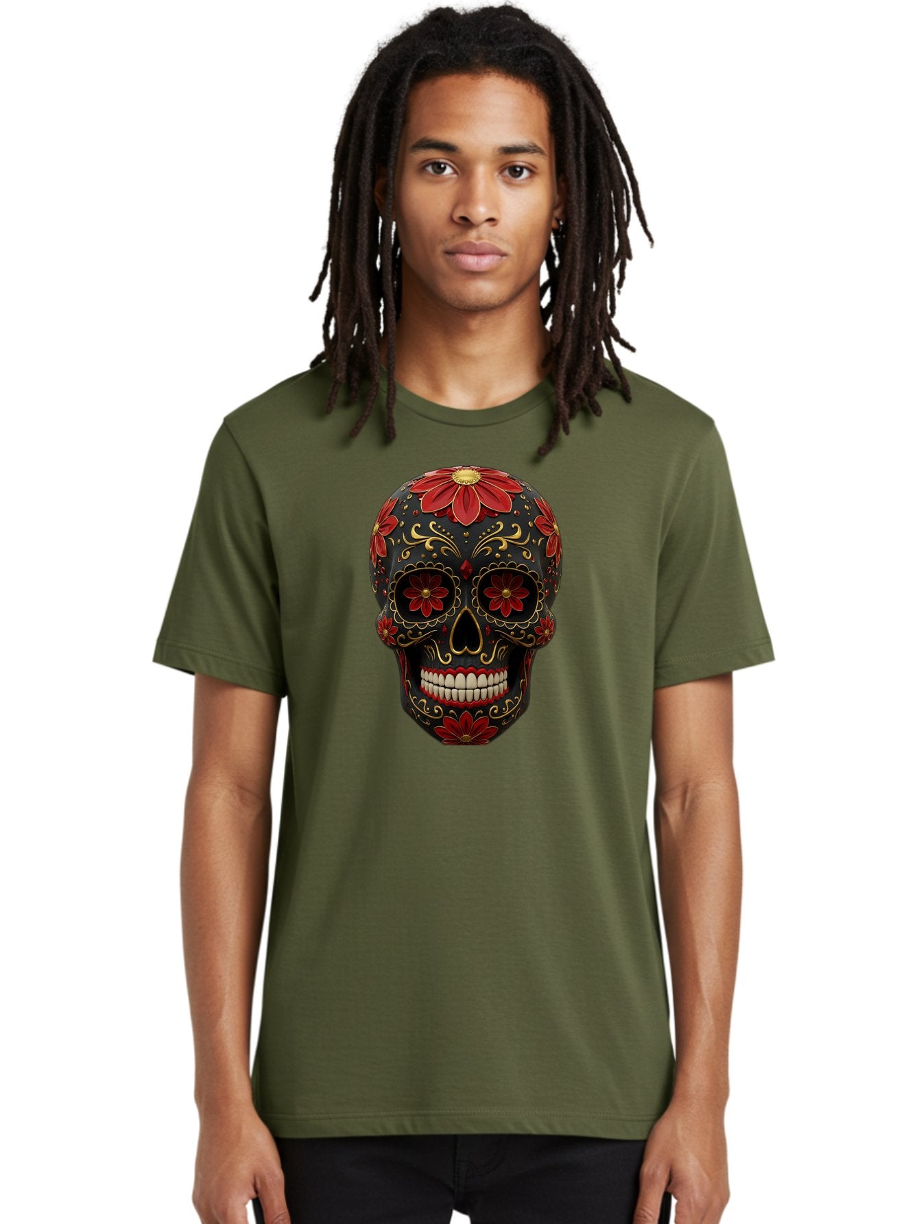 Sugar-Skull-14 Men'S Graphic Tee, 100% Cotton, Comfortable Casual Summer Wear, Machine Washable, Sugar Skull, Day Of The Dead, Floral Designs, Skull Art, Mexican Culture, Gold Filigree, Red Flowers, Black Skull, Decorative Skull, Bad763 22