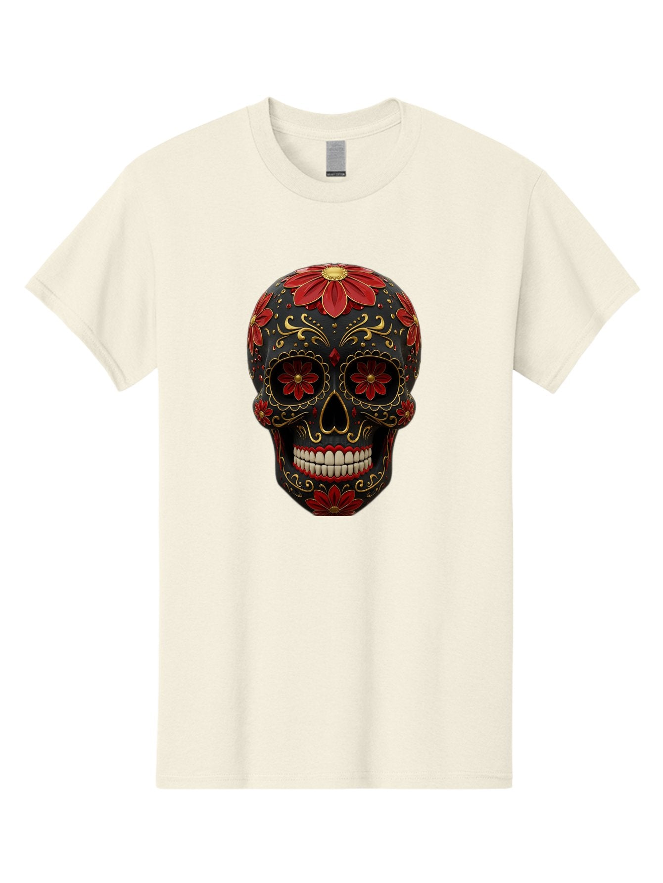 Sugar-Skull-14 Men'S Graphic Tee, 100% Cotton, Comfortable Casual Summer Wear, Machine Washable, Sugar Skull, Day Of The Dead, Floral Designs, Skull Art, Mexican Culture, Gold Filigree, Red Flowers, Black Skull, Decorative Skull, Bad763 8