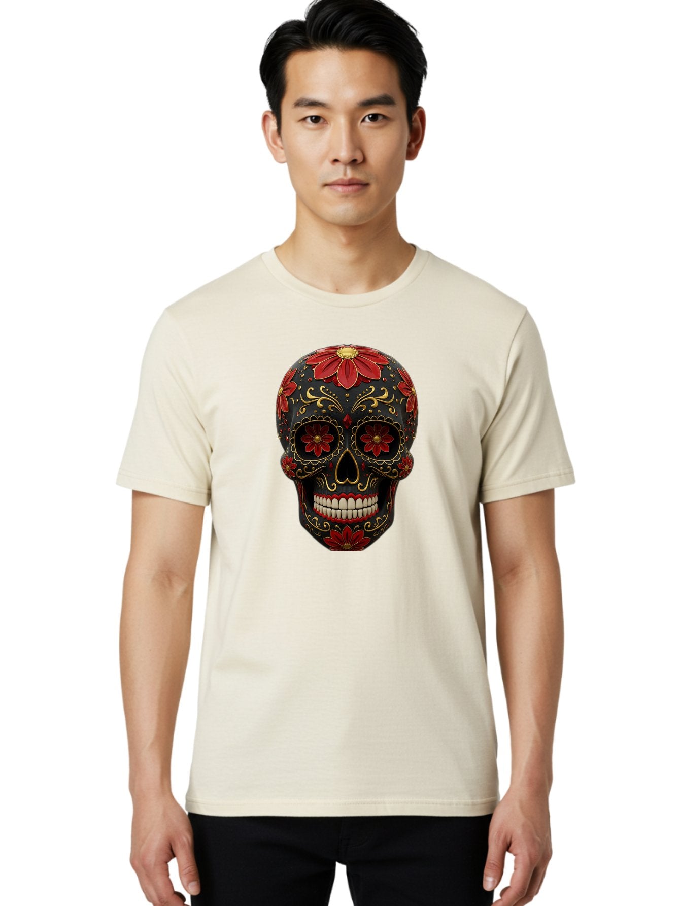 Sugar-Skull-14 Men'S Graphic Tee, 100% Cotton, Comfortable Casual Summer Wear, Machine Washable, Sugar Skull, Day Of The Dead, Floral Designs, Skull Art, Mexican Culture, Gold Filigree, Red Flowers, Black Skull, Decorative Skull, Bad763 25