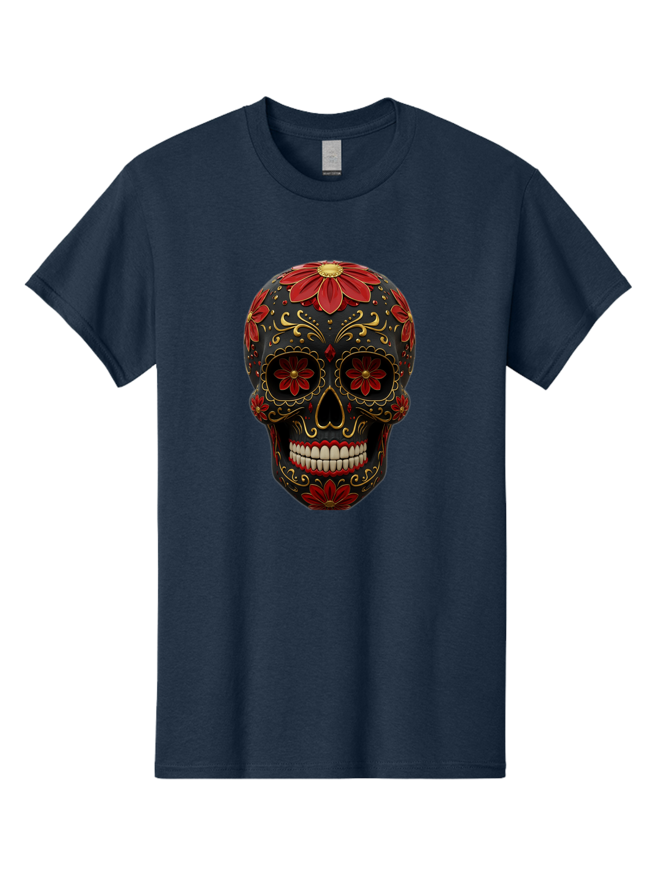 Sugar-Skull-14 Men'S Graphic Tee, 100% Cotton, Comfortable Casual Summer Wear, Machine Washable, Sugar Skull, Day Of The Dead, Floral Designs, Skull Art, Mexican Culture, Gold Filigree, Red Flowers, Black Skull, Decorative Skull, Bad763 12