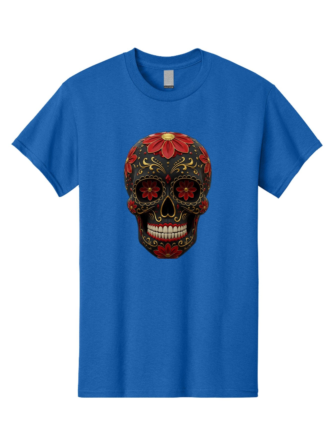 Sugar-Skull-14 Men'S Graphic Tee, 100% Cotton, Comfortable Casual Summer Wear, Machine Washable, Sugar Skull, Day Of The Dead, Floral Designs, Skull Art, Mexican Culture, Gold Filigree, Red Flowers, Black Skull, Decorative Skull, Bad763