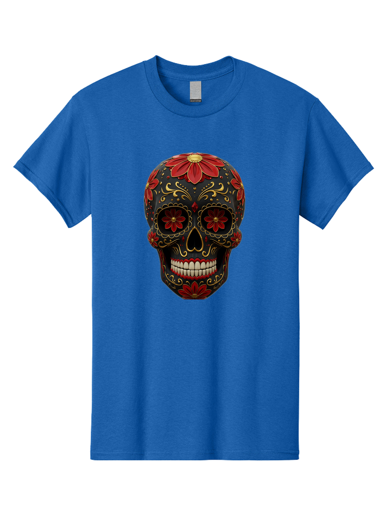 Sugar-Skull-14 Men'S Graphic Tee, 100% Cotton, Comfortable Casual Summer Wear, Machine Washable, Sugar Skull, Day Of The Dead, Floral Designs, Skull Art, Mexican Culture, Gold Filigree, Red Flowers, Black Skull, Decorative Skull, Bad763 10