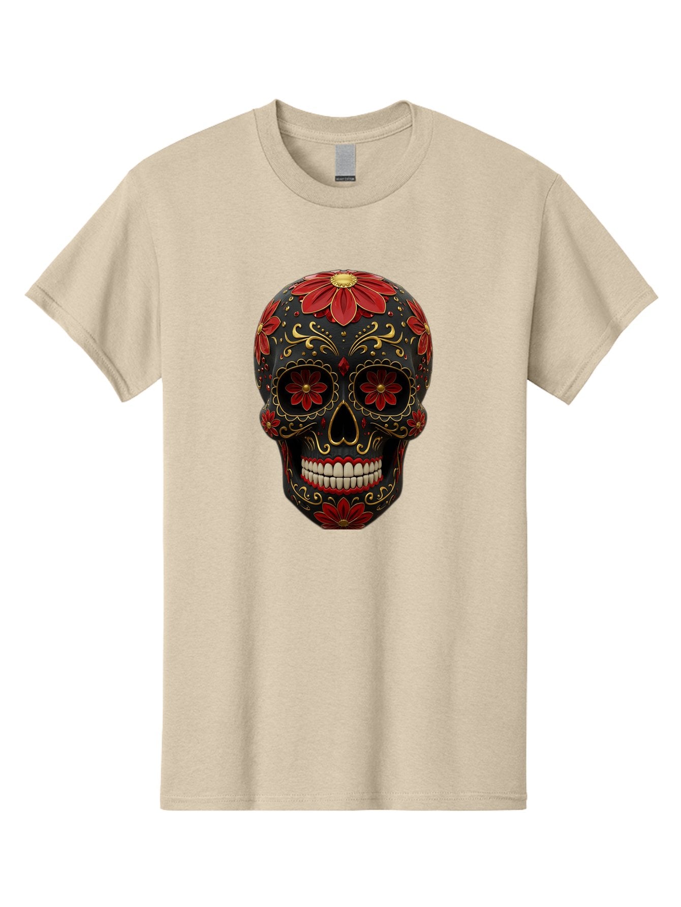 Sugar-Skull-14 Men'S Graphic Tee, 100% Cotton, Comfortable Casual Summer Wear, Machine Washable, Sugar Skull, Day Of The Dead, Floral Designs, Skull Art, Mexican Culture, Gold Filigree, Red Flowers, Black Skull, Decorative Skull, Bad763