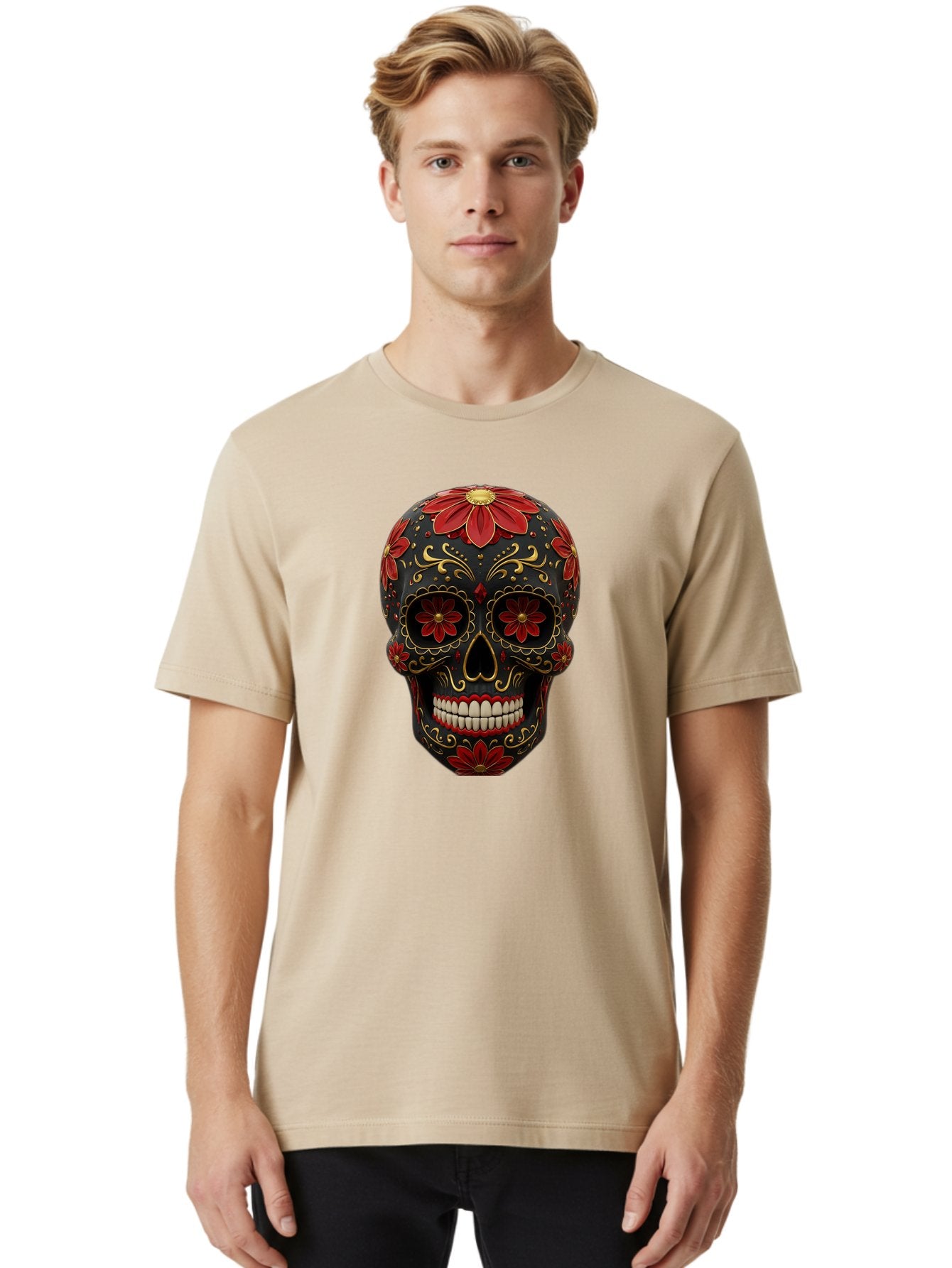 Sugar-Skull-14 Men'S Graphic Tee, 100% Cotton, Comfortable Casual Summer Wear, Machine Washable, Sugar Skull, Day Of The Dead, Floral Designs, Skull Art, Mexican Culture, Gold Filigree, Red Flowers, Black Skull, Decorative Skull, Bad763 19