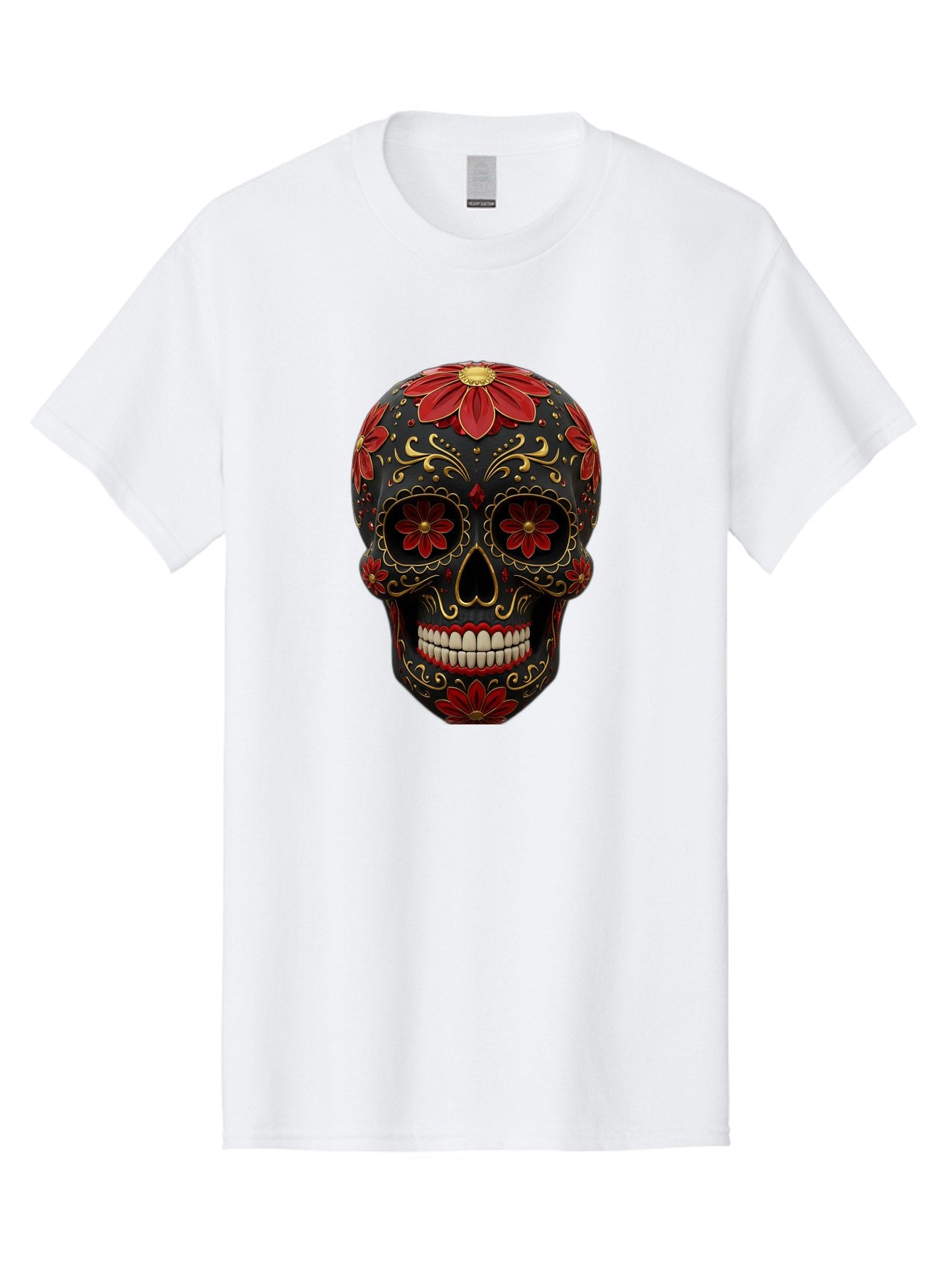 Sugar-Skull-14 Men'S Graphic Tee, 100% Cotton, Comfortable Casual Summer Wear, Machine Washable, Sugar Skull, Day Of The Dead, Floral Designs, Skull Art, Mexican Culture, Gold Filigree, Red Flowers, Black Skull, Decorative Skull, Bad763 10
