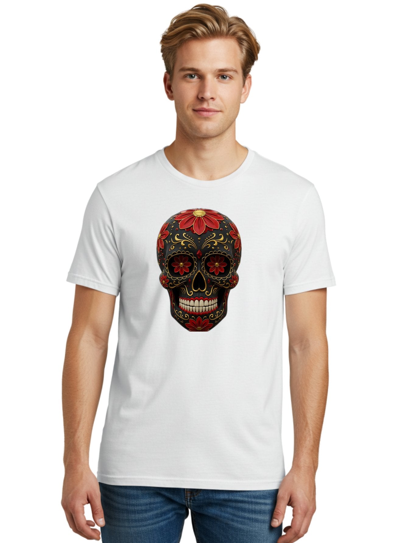 Sugar-Skull-14 Men'S Graphic Tee, 100% Cotton, Comfortable Casual Summer Wear, Machine Washable, Sugar Skull, Day Of The Dead, Floral Designs, Skull Art, Mexican Culture, Gold Filigree, Red Flowers, Black Skull, Decorative Skull, Bad763 17