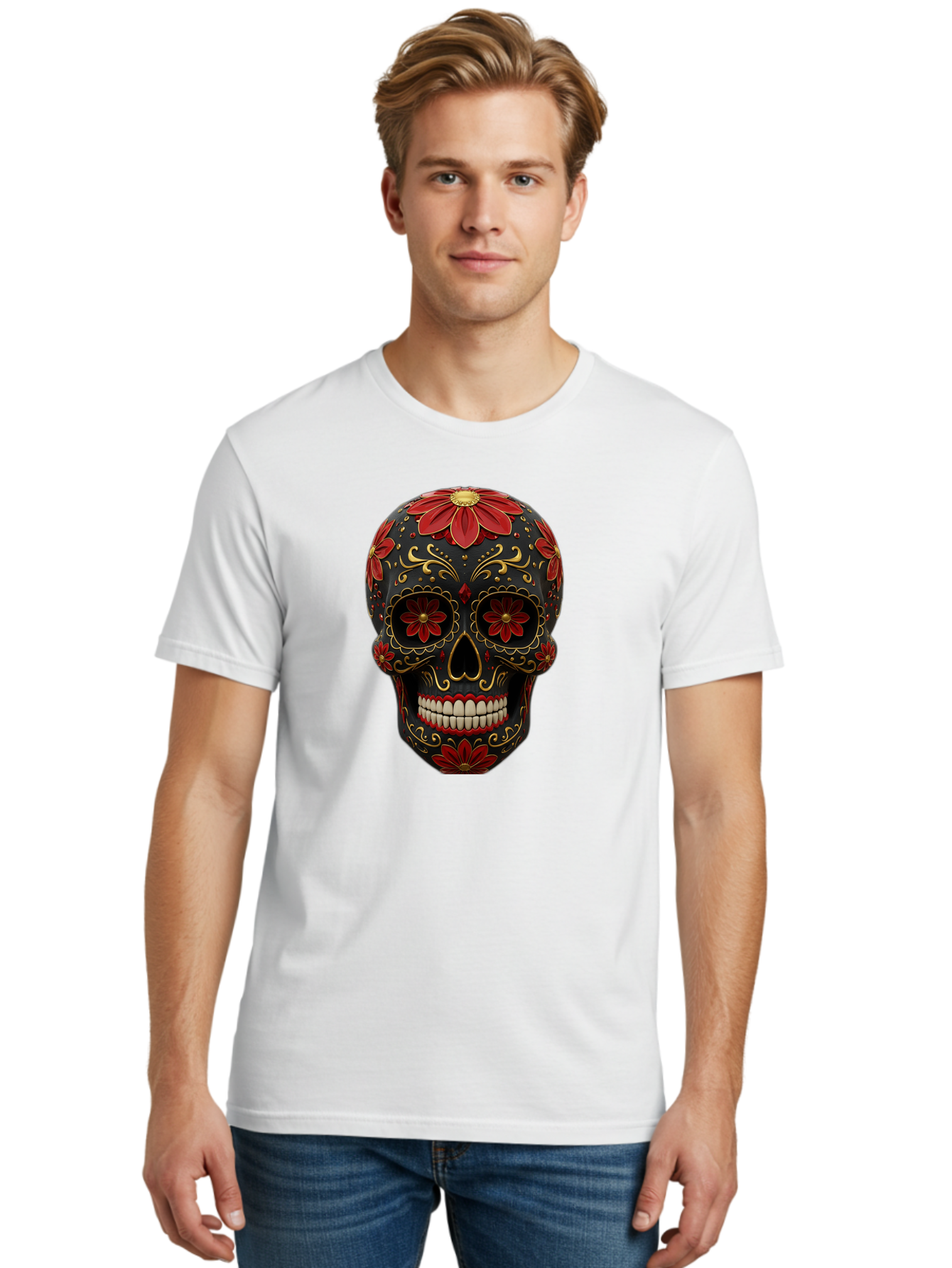 Sugar-Skull-14 Men'S Graphic Tee, 100% Cotton, Comfortable Casual Summer Wear, Machine Washable, Sugar Skull, Day Of The Dead, Floral Designs, Skull Art, Mexican Culture, Gold Filigree, Red Flowers, Black Skull, Decorative Skull, Bad763 29