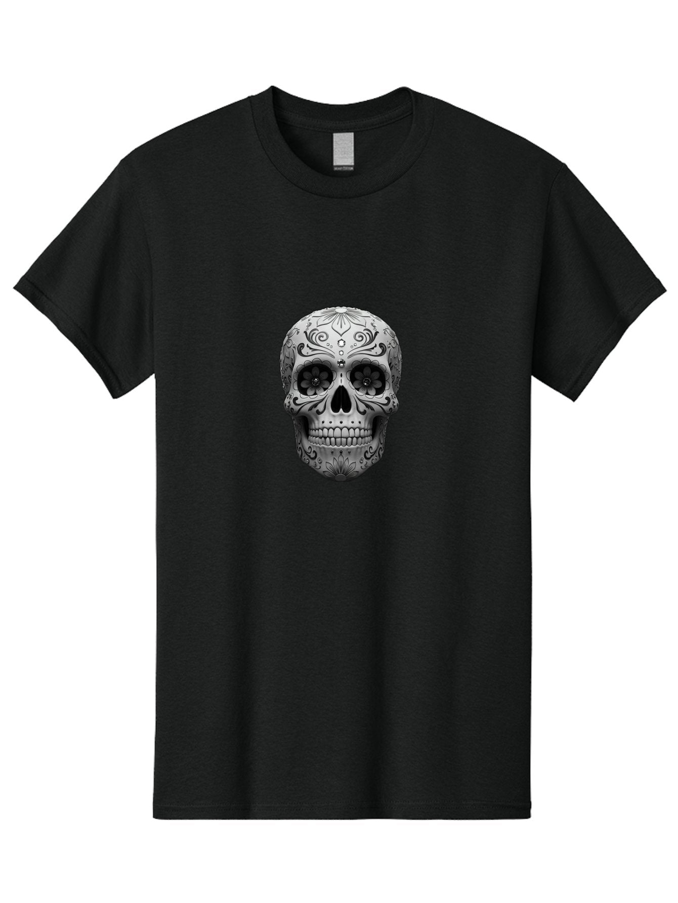 Sugar-Skull-15 Men'S Graphic Tee, 100% Cotton, Comfortable Casual Summer Wear, Machine Washable, Detailed Skull, Floral Patterns, Black And White Design, Sugar Skull Art, Day Of Dead, Mexican Culture, Intricate Designs, Gothic Style, Bad764