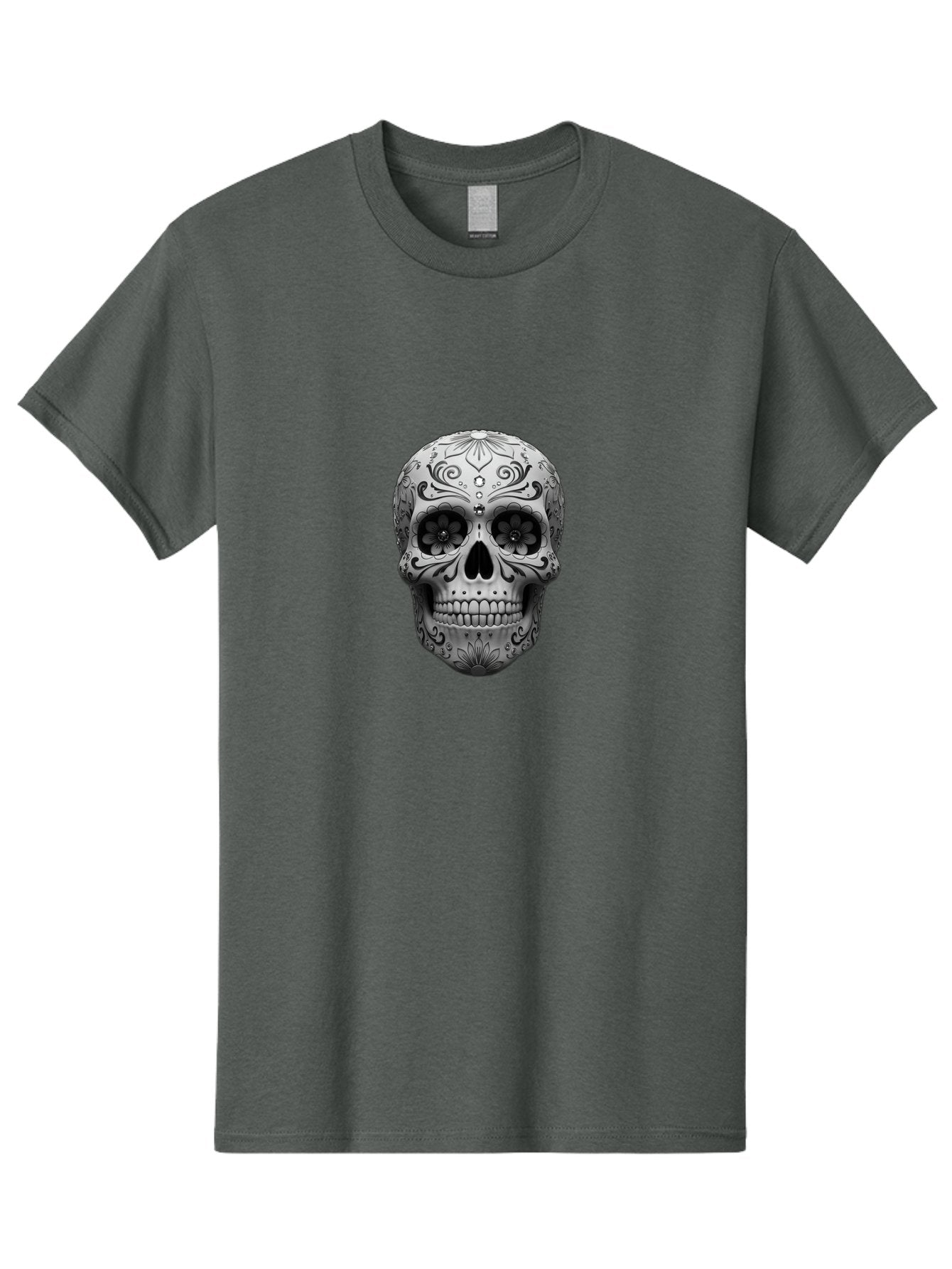 Sugar-Skull-15 Men'S Graphic Tee, 100% Cotton, Comfortable Casual Summer Wear, Machine Washable, Detailed Skull, Floral Patterns, Black And White Design, Sugar Skull Art, Day Of Dead, Mexican Culture, Intricate Designs, Gothic Style, Bad764 15