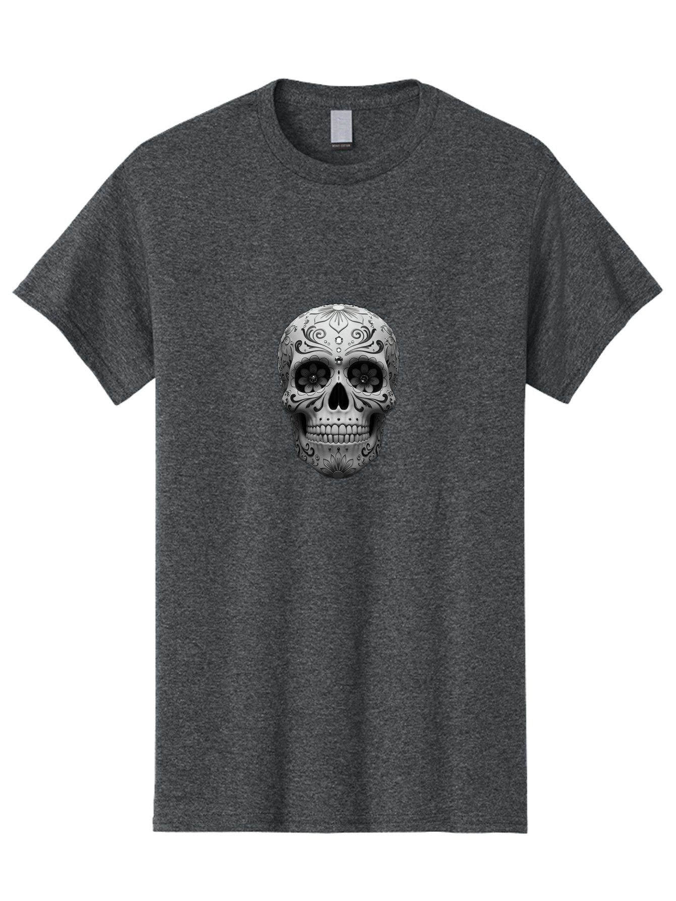Sugar-Skull-15 Men'S Graphic Tee, 100% Cotton, Comfortable Casual Summer Wear, Machine Washable, Detailed Skull, Floral Patterns, Black And White Design, Sugar Skull Art, Day Of Dead, Mexican Culture, Intricate Designs, Gothic Style, Bad764 9