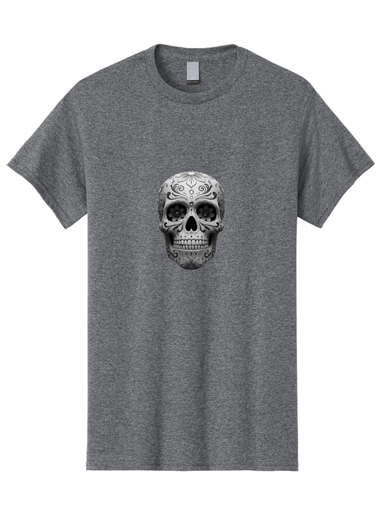 Sugar-Skull-15 Men'S Graphic Tee, 100% Cotton, Comfortable Casual Summer Wear, Machine Washable, Detailed Skull, Floral Patterns, Black And White Design, Sugar Skull Art, Day Of Dead, Mexican Culture, Intricate Designs, Gothic Style, Bad764 15