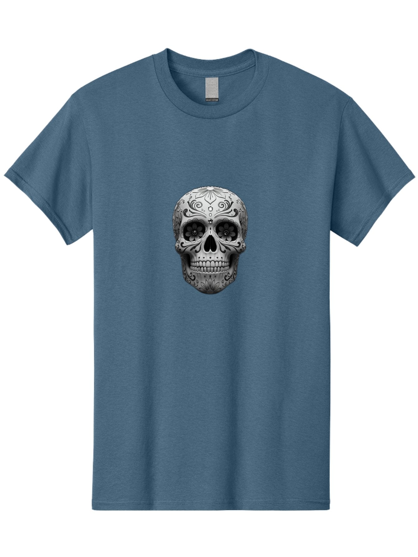 Sugar-Skull-15 Men'S Graphic Tee, 100% Cotton, Comfortable Casual Summer Wear, Machine Washable, Detailed Skull, Floral Patterns, Black And White Design, Sugar Skull Art, Day Of Dead, Mexican Culture, Intricate Designs, Gothic Style, Bad764 4
