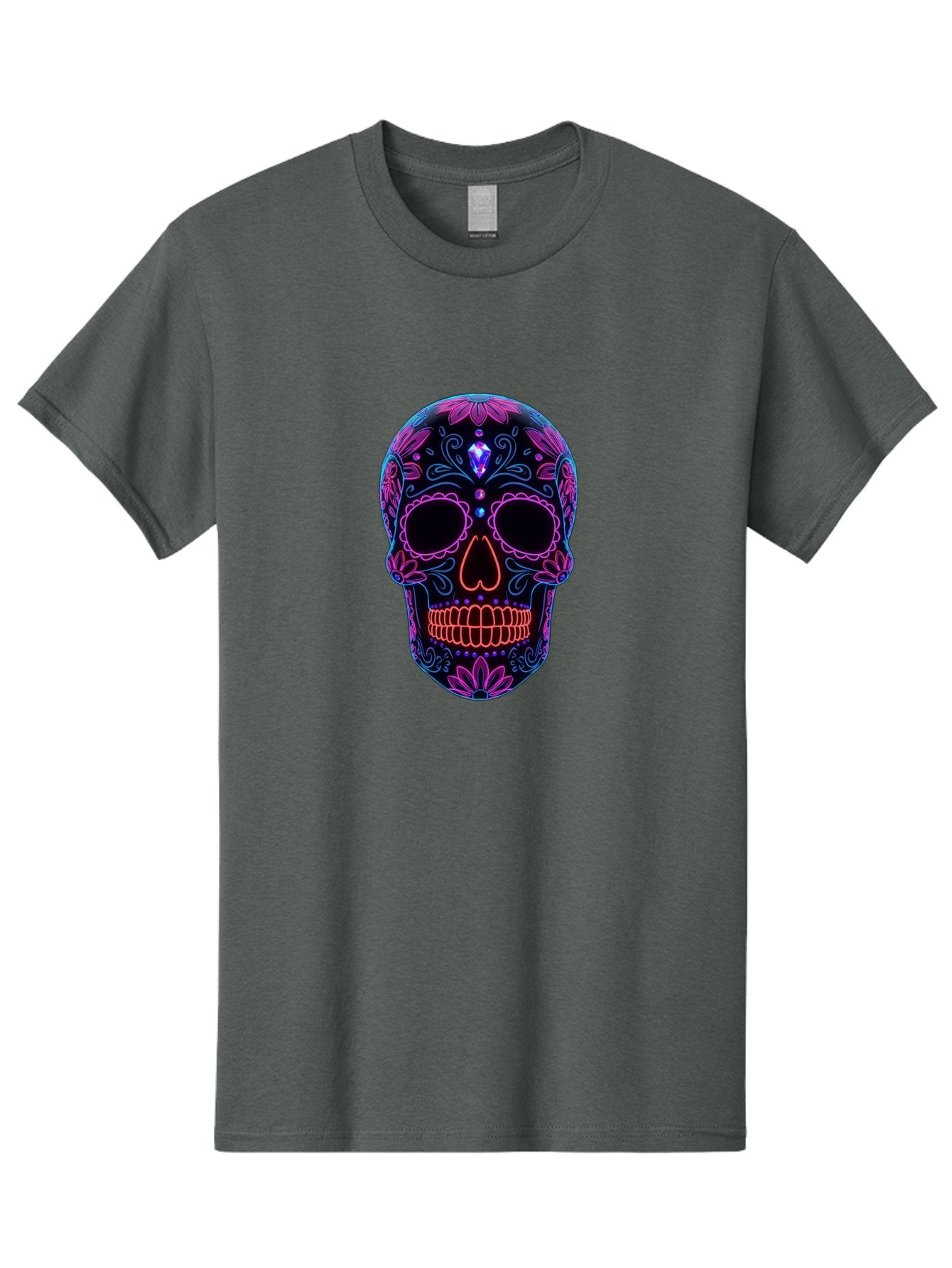 Sugar-Skull-16 Men'S Graphic Tee, 100% Cotton, Comfortable Casual Summer Wear, Machine Washable, Sugar Skull Design, Day Of The Dead, Neon Lights, Floral Patterns, Vibrant Colors, Mexican Culture, Gothic Style, Gemstone Decoration, Bad765