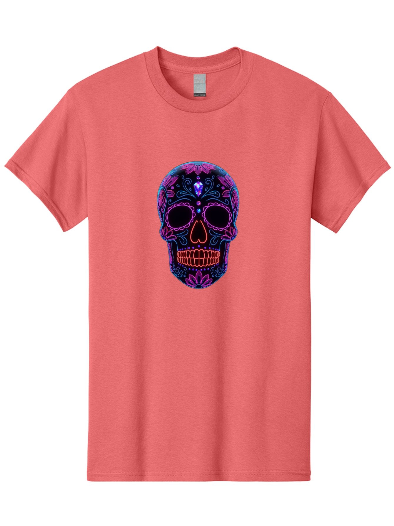 Sugar-Skull-16 Men'S Graphic Tee, 100% Cotton, Comfortable Casual Summer Wear, Machine Washable, Sugar Skull Design, Day Of The Dead, Neon Lights, Floral Patterns, Vibrant Colors, Mexican Culture, Gothic Style, Gemstone Decoration, Bad765 9