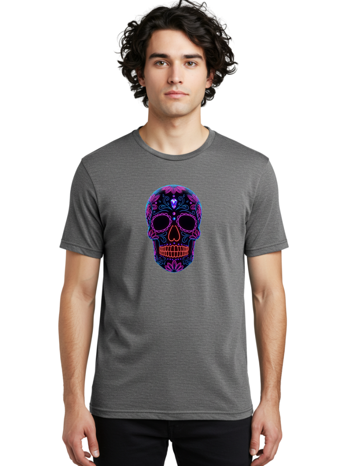 Sugar-Skull-16 Men'S Graphic Tee, 100% Cotton, Comfortable Casual Summer Wear, Machine Washable, Sugar Skull Design, Day Of The Dead, Neon Lights, Floral Patterns, Vibrant Colors, Mexican Culture, Gothic Style, Gemstone Decoration, Bad765 24