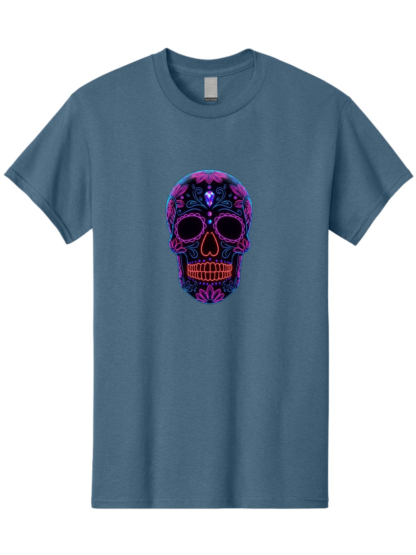 Sugar-Skull-16 Men'S Graphic Tee, 100% Cotton, Comfortable Casual Summer Wear, Machine Washable, Sugar Skull Design, Day Of The Dead, Neon Lights, Floral Patterns, Vibrant Colors, Mexican Culture, Gothic Style, Gemstone Decoration, Bad765 12